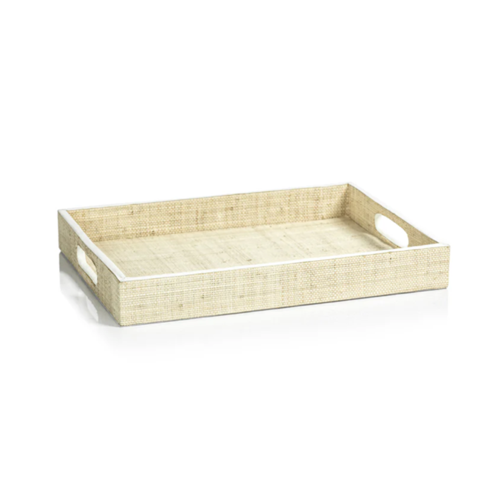 Outside The Box 16x12 Atelier Natural Raffia With White Leather Trim Rectangular Tray