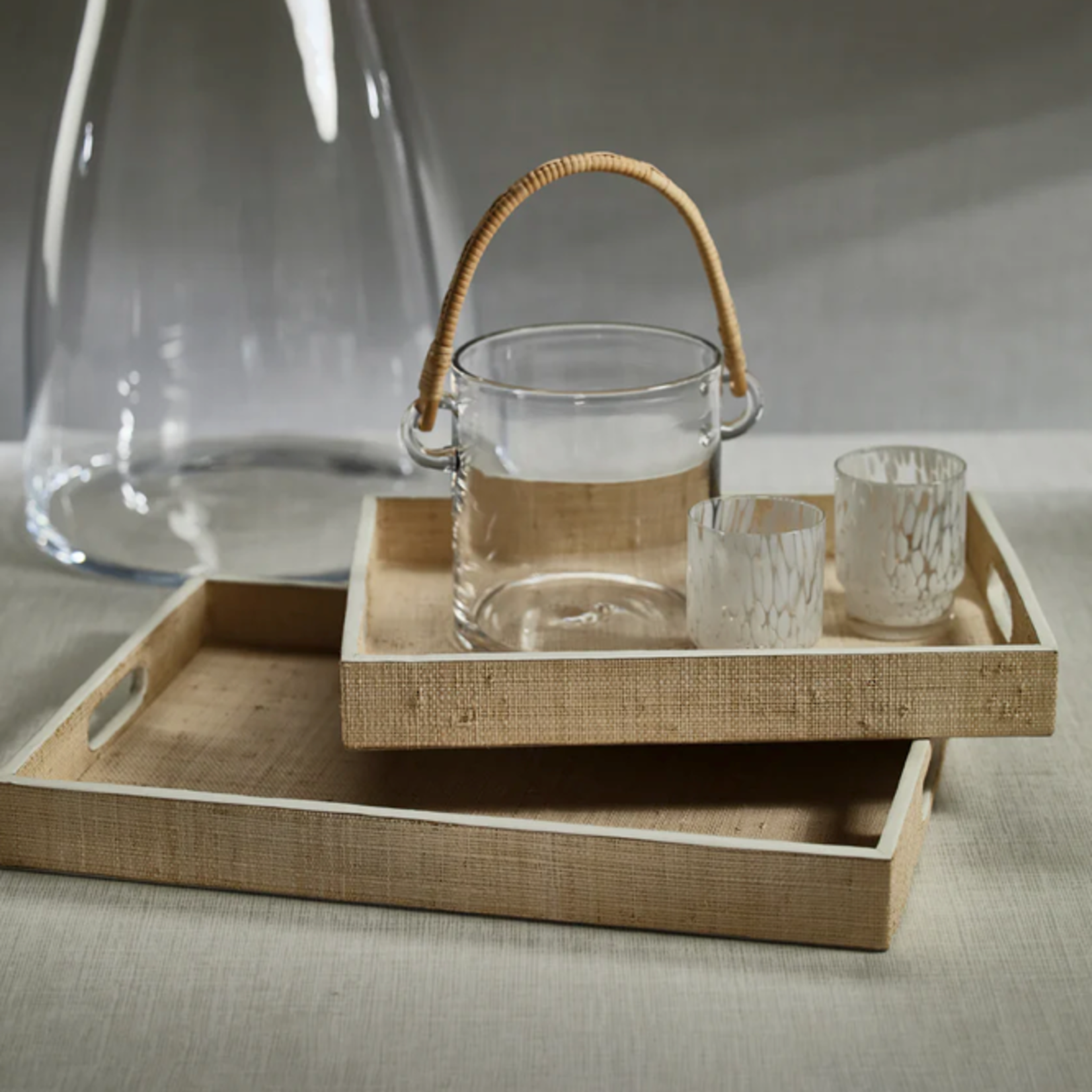 Outside The Box 16x12 Atelier Natural Raffia With White Leather Trim Rectangular Tray