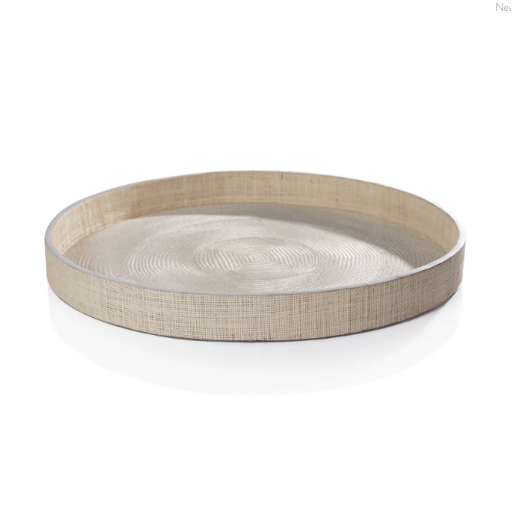 Outside The Box 22" Atelier Natural Raffia With Gray Leather Trim Round Tray