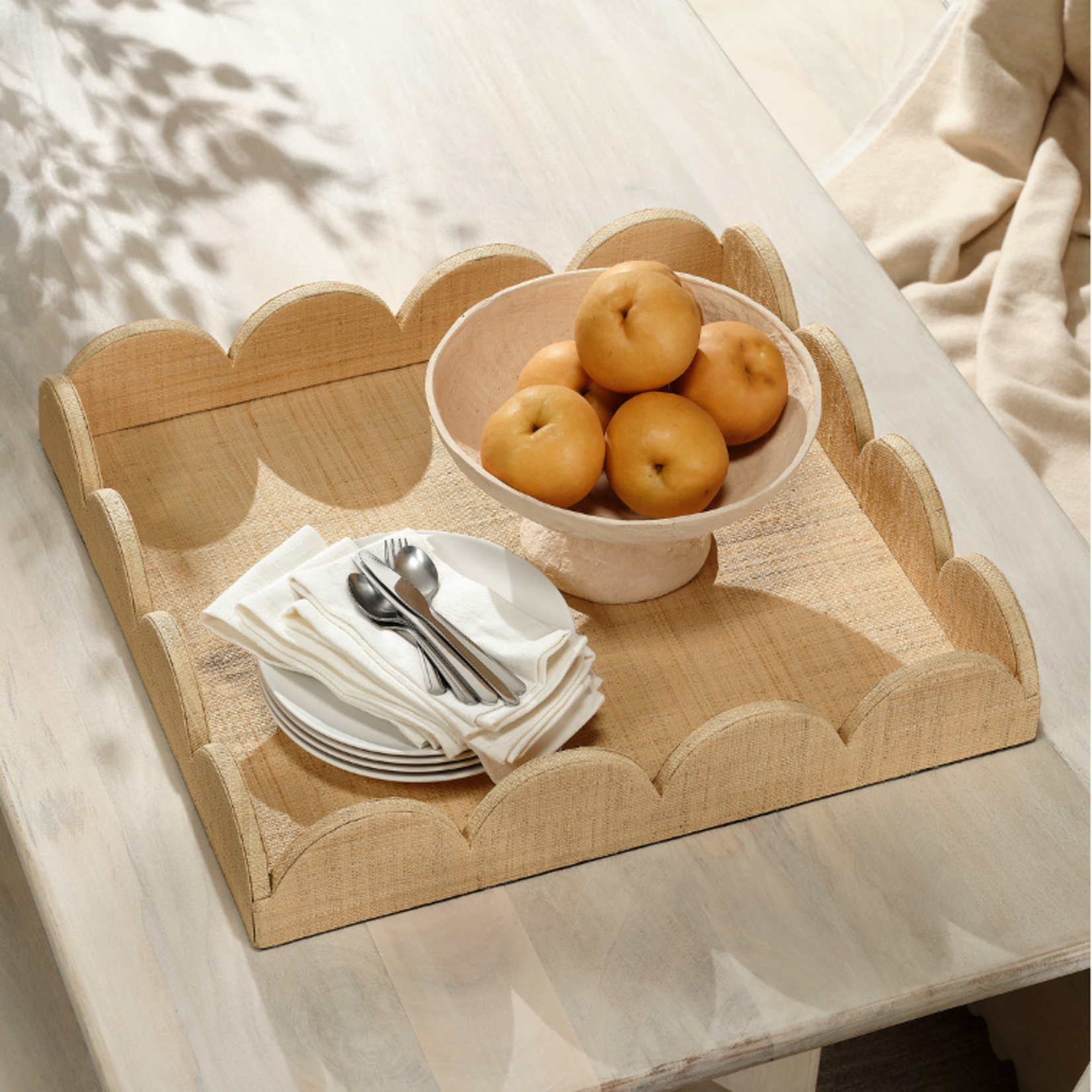 Outside The Box 23" Wonderland Scalloped Natural Raffia Square Tray