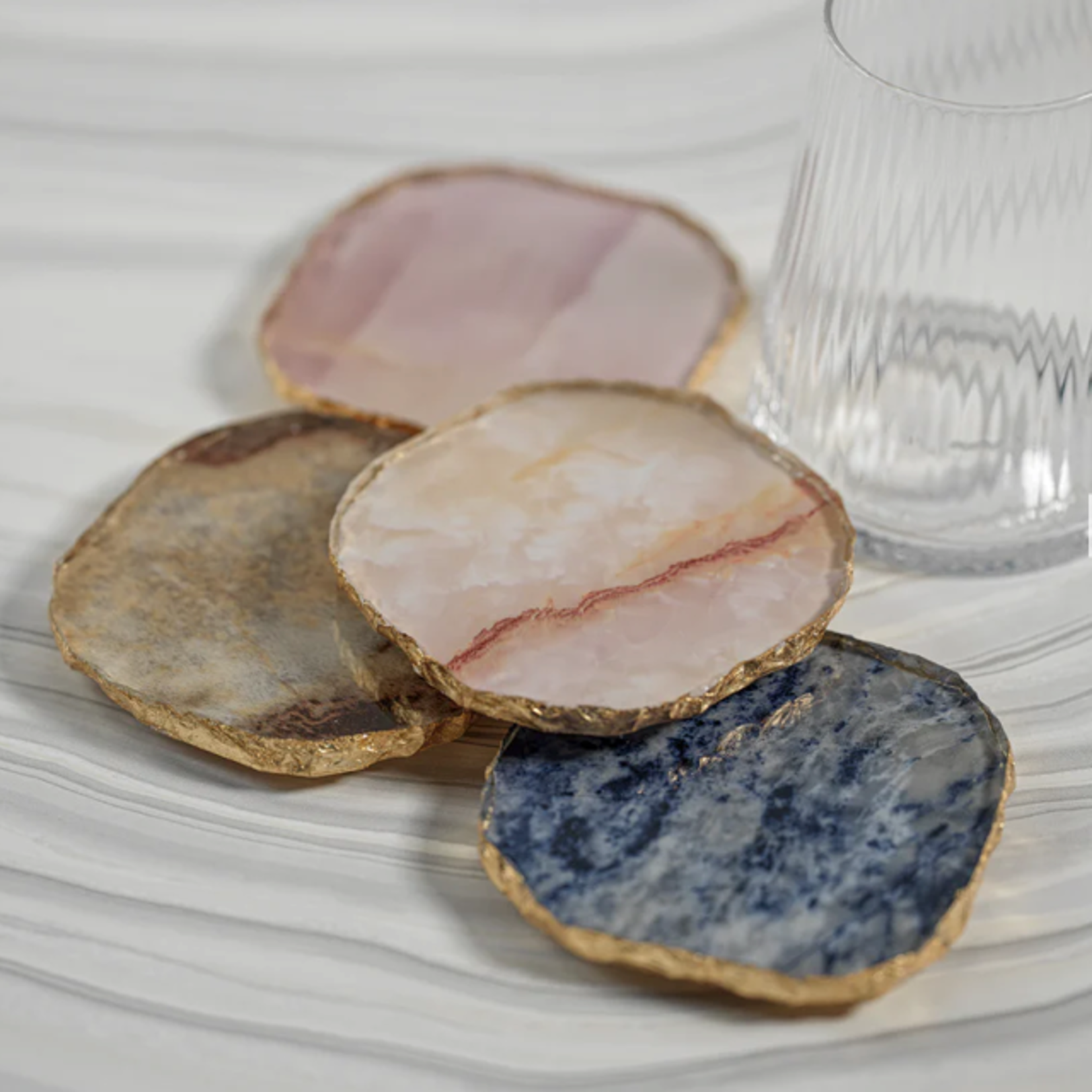Outside The Box 4" Set of 4 Agate Blue Marble Glass Coasters With Gold Rim