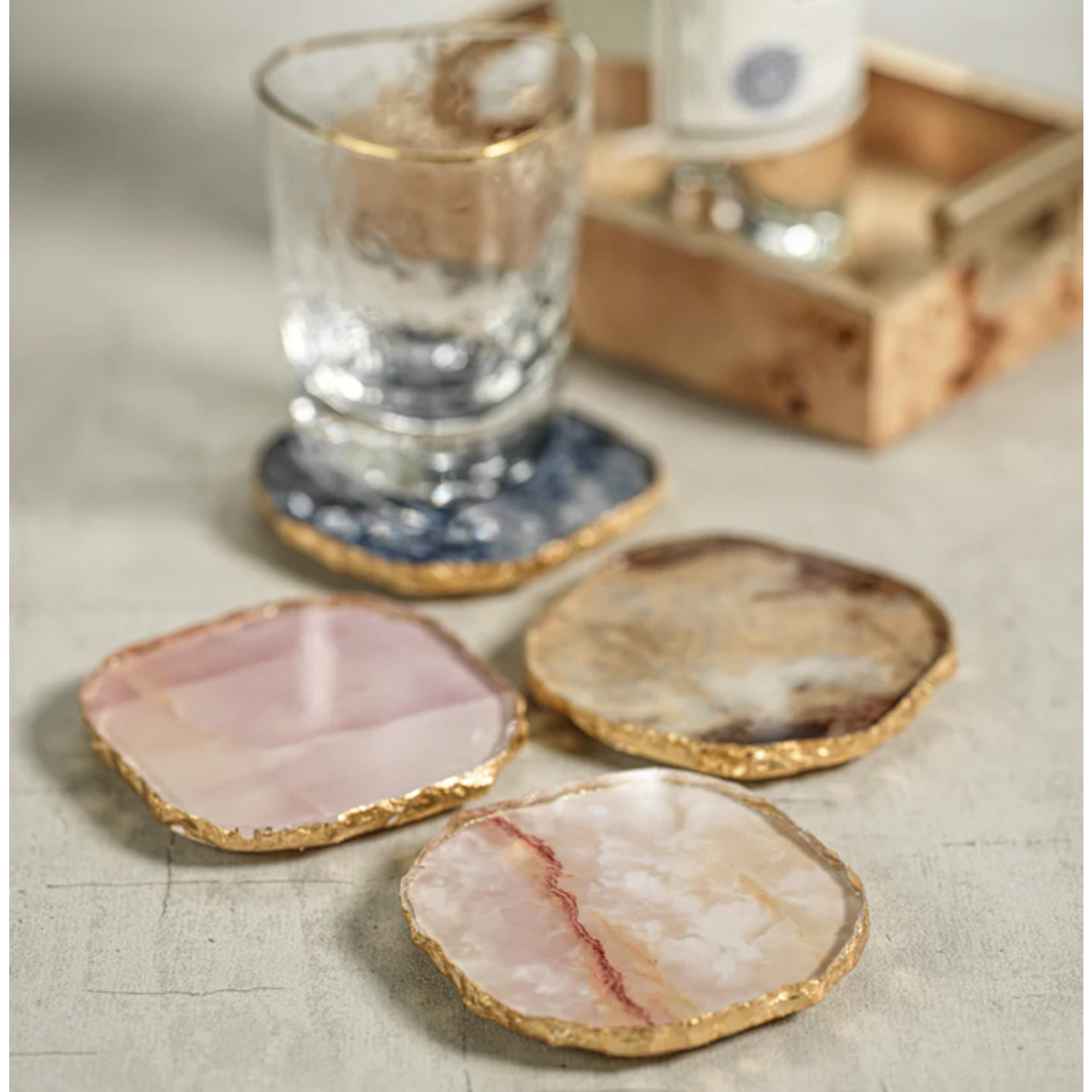 Outside The Box 4" Set of 4 Agate Blue Marble Glass Coasters With Gold Rim