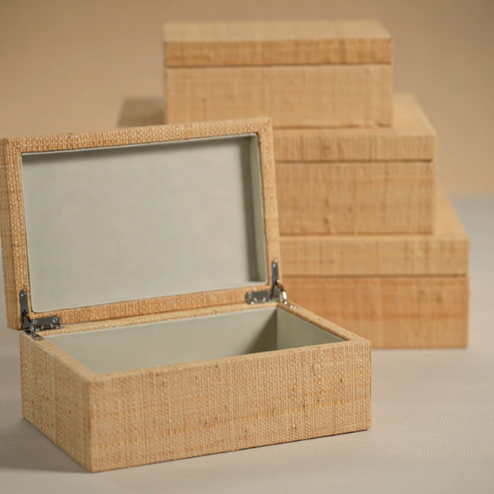 Outside The Box 13x10x4 Bungalow Grasscloth Wrapped Wood Box W / Suede Interior