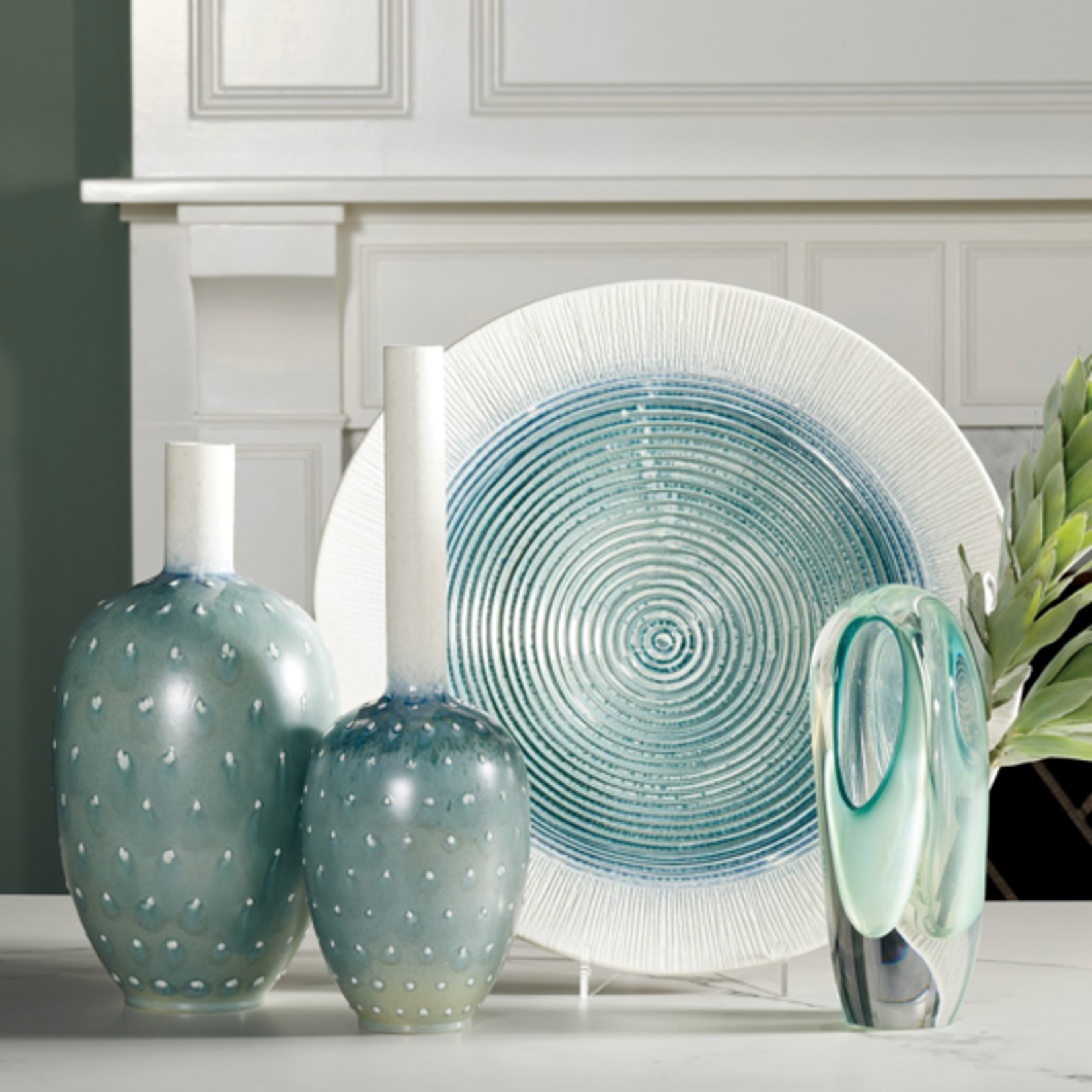 Outside The Box 20" Spotted Aqua & White Reactive Glaze Ceramic Vase