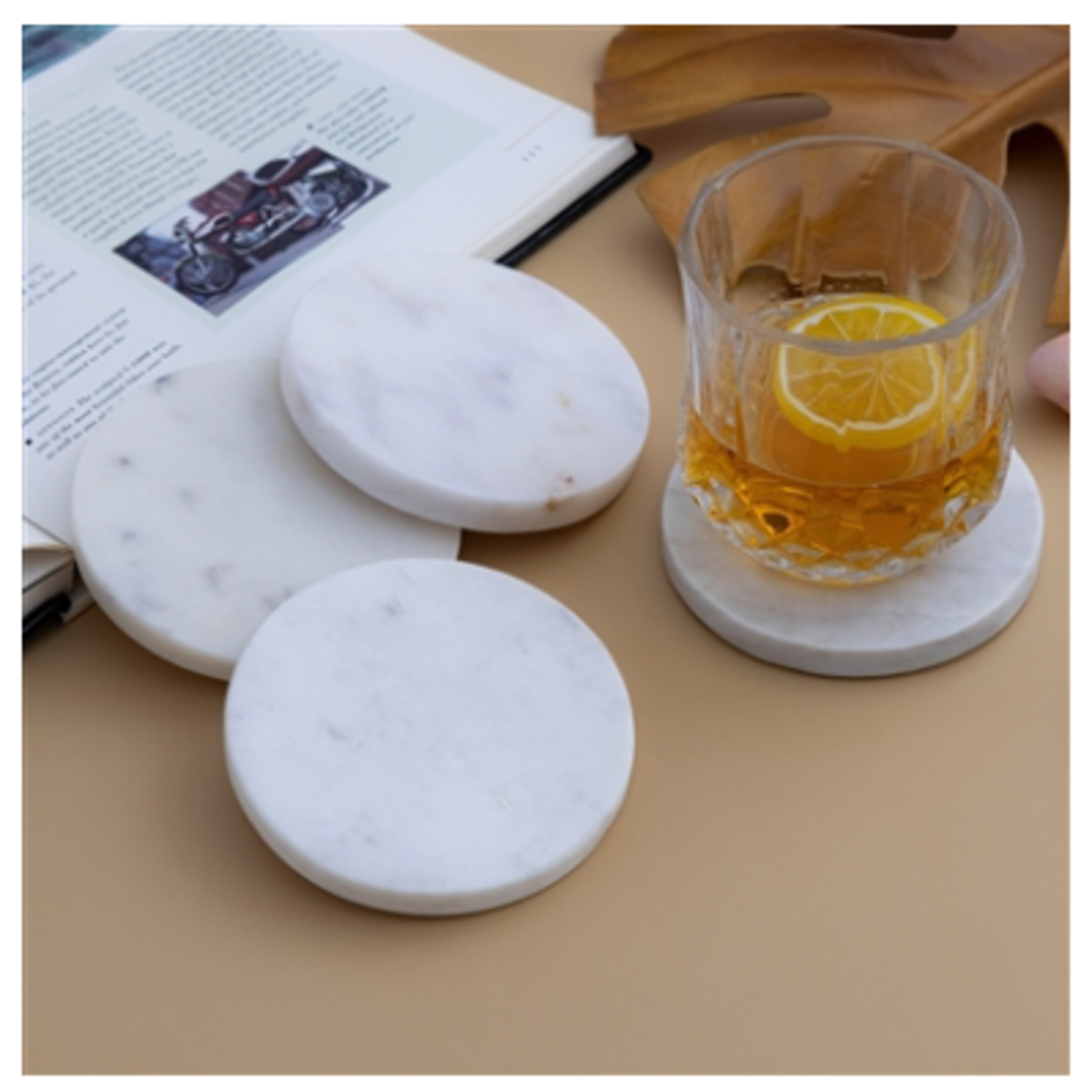 Outside The Box 4" Set Of 4 White Marble Round Coasters