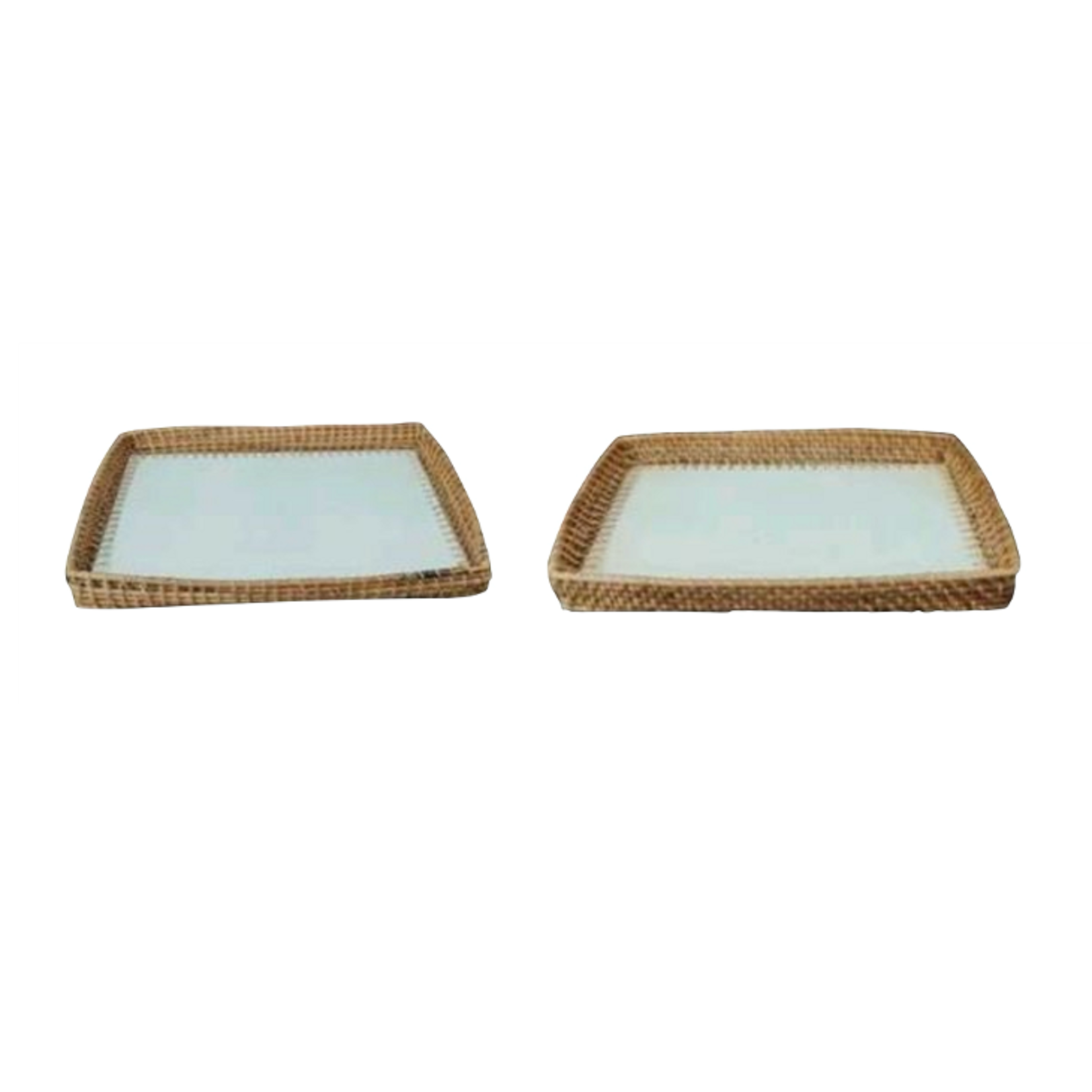 Outside The Box 19" & 16" Set Of 2 White & Natural Cane & Iron Serving Tray