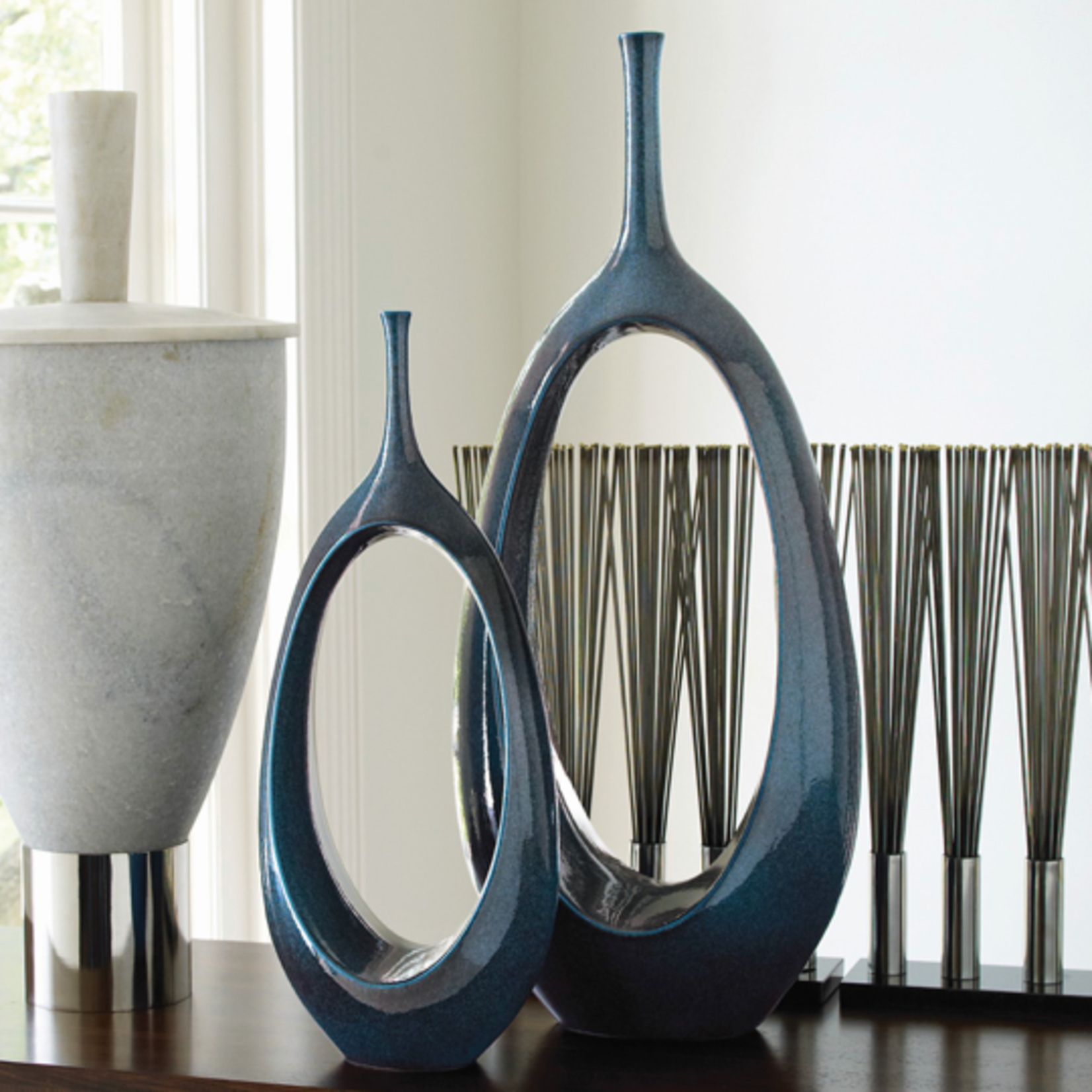 Outside The Box 30" Celestial Dark Teal & Navy Open Oval Ring Vase