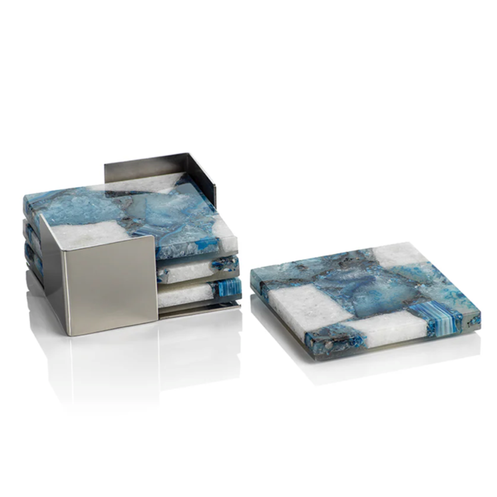Outside The Box 4" Set Of 4 Crete Agate Blue & White On Metal Tray Coasters