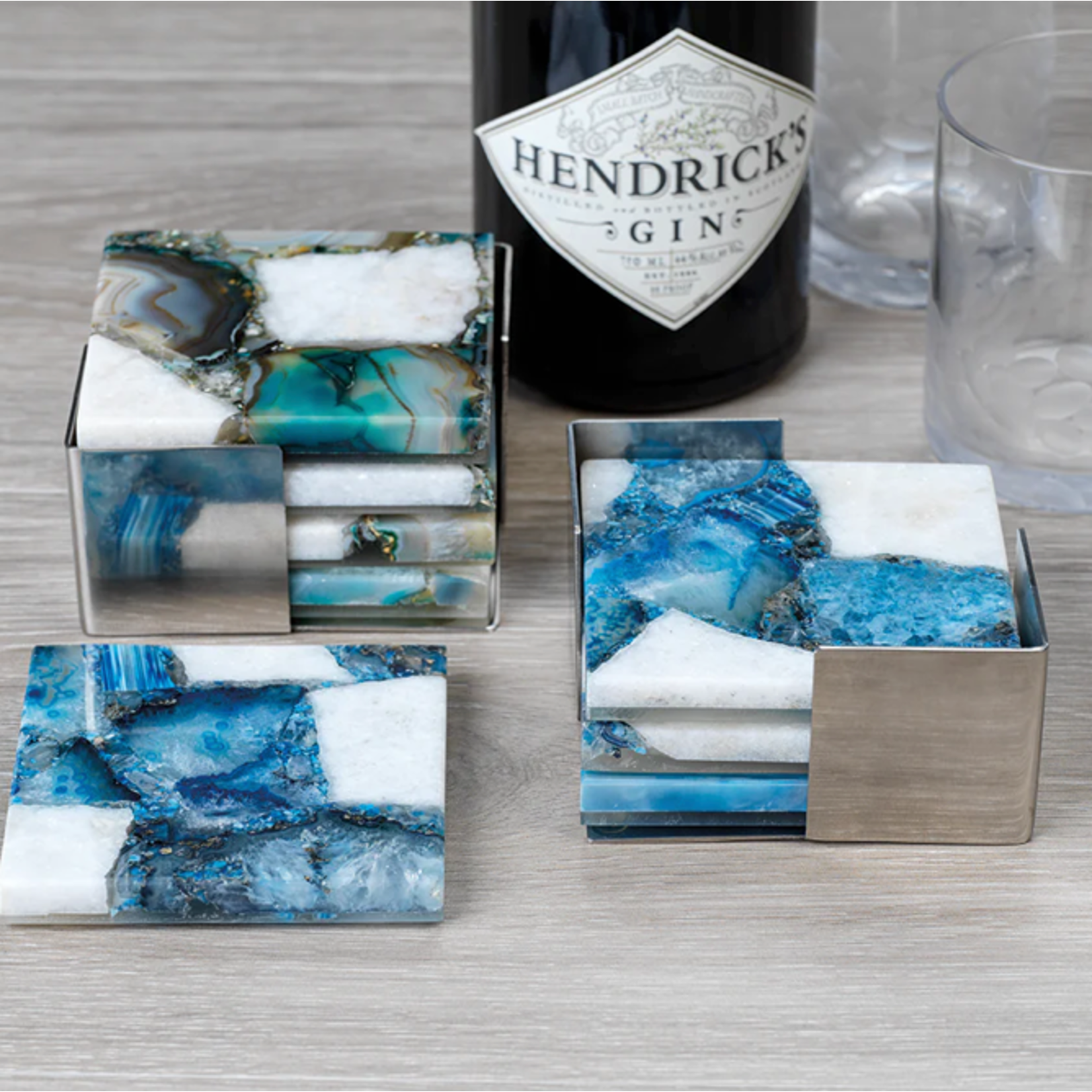 Outside The Box 4" Set Of 4 Crete Agate Blue & White On Metal Tray Coasters