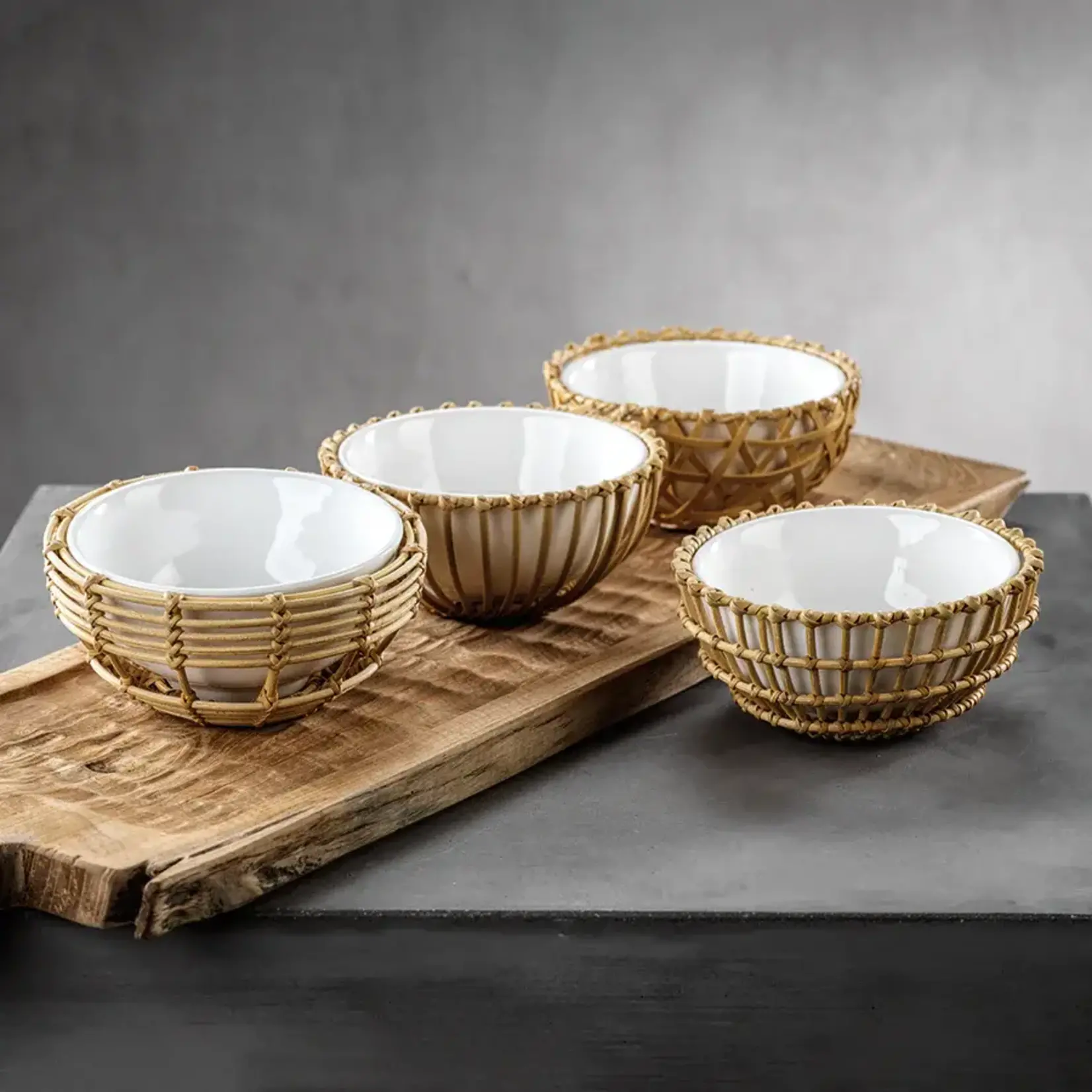 Outside The Box 6" Set Of 2 Bamboo Wicker & White Ceramic Condiment Bowl