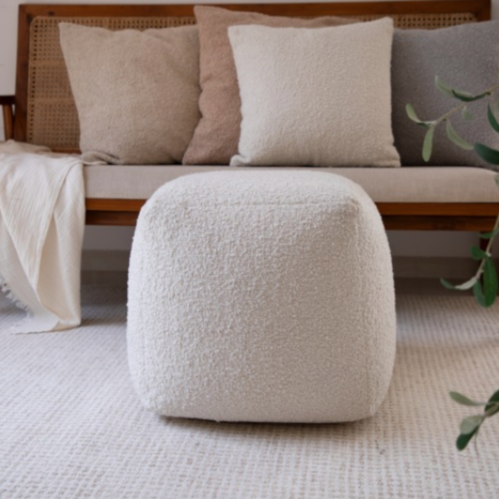 Outside The Box 18x18 Ivory Boucle Hand Made Square Ottoman / Pouf