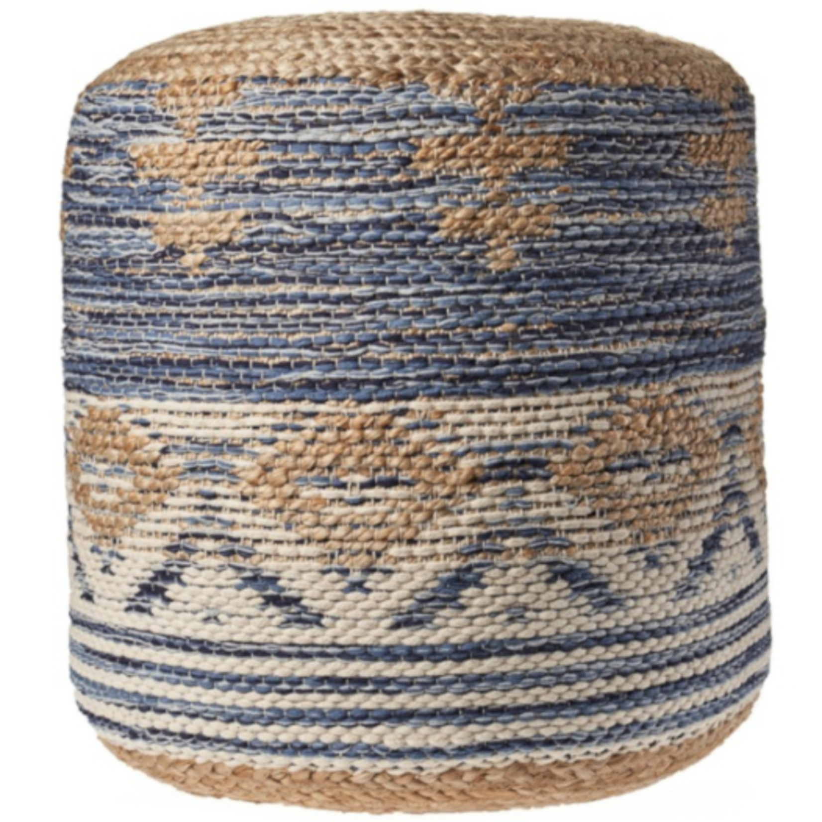 Outside The Box 18x18 Natural & Navy Jute Blend Hand Made Round Ottoman / Pouf