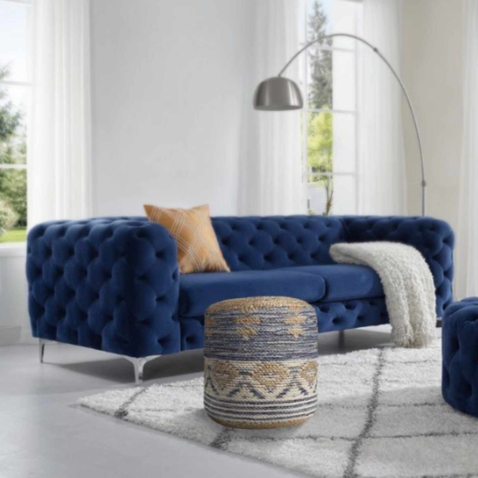 Outside The Box 18x18 Natural & Navy Jute Blend Hand Made Round Ottoman / Pouf