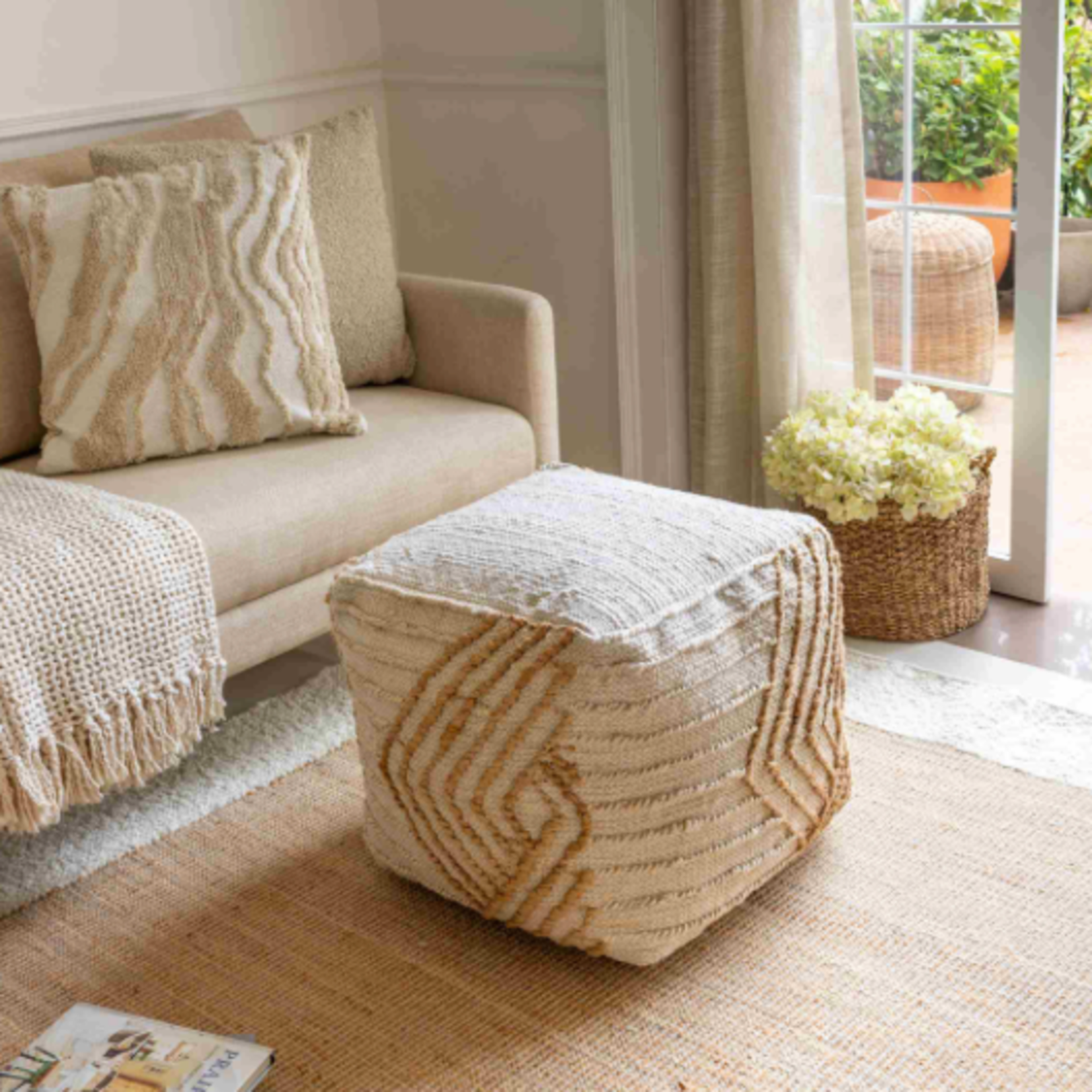 Outside The Box 18x18 White & Natural Diamond Striped Jute Blend Hand Made Square Ottoman / Pouf