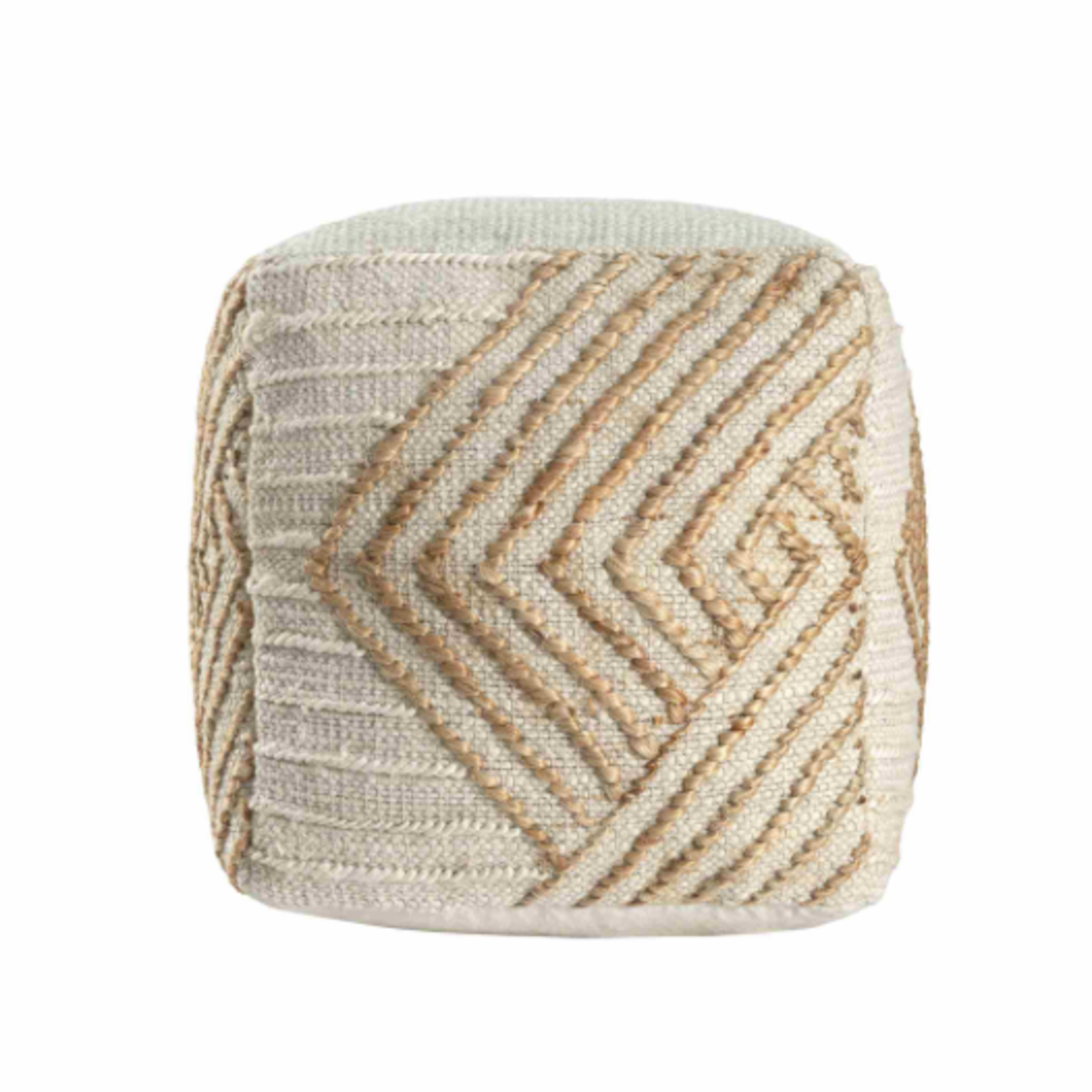 Outside The Box 18x18 White & Natural Diamond Striped Jute Blend Hand Made Square Ottoman / Pouf