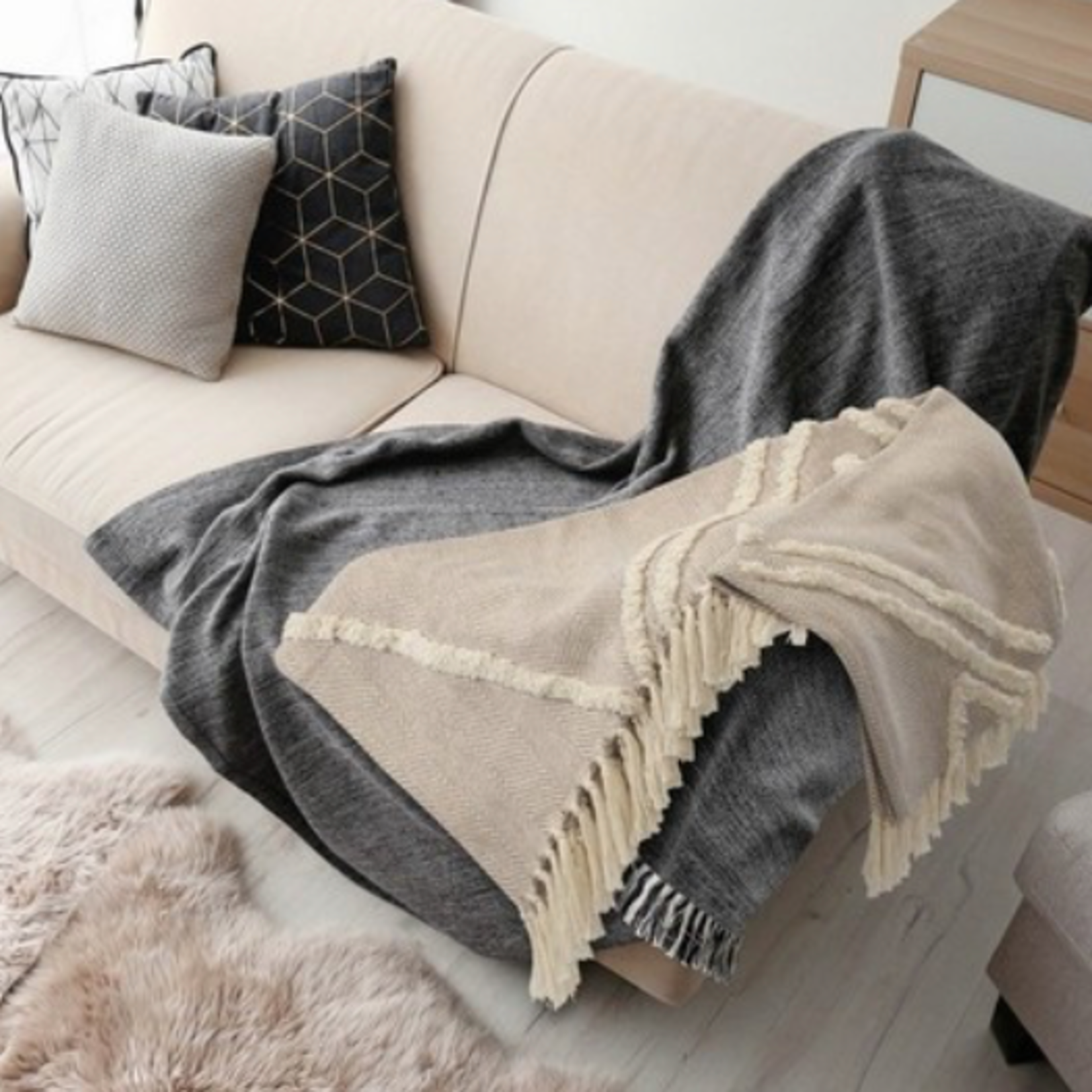 Outside The Box 50x60 Beige Geometric Hand Woven 100% Cotton Throw - 80185