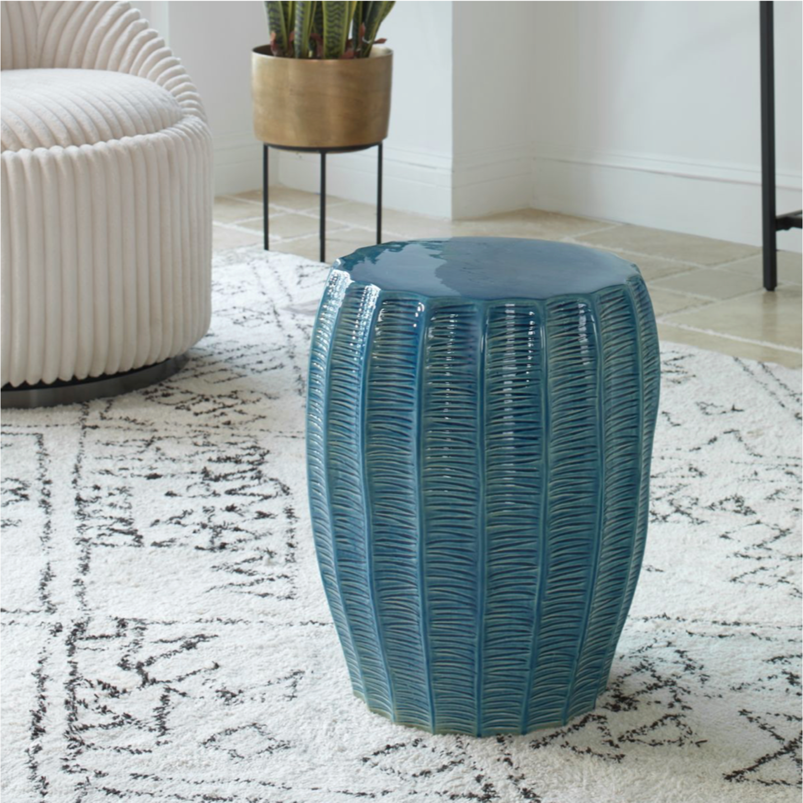 Outside The Box 14x17 Harbor Scalloped Aqua Blue Ceramic Indoor / Outdoor Garden Stool