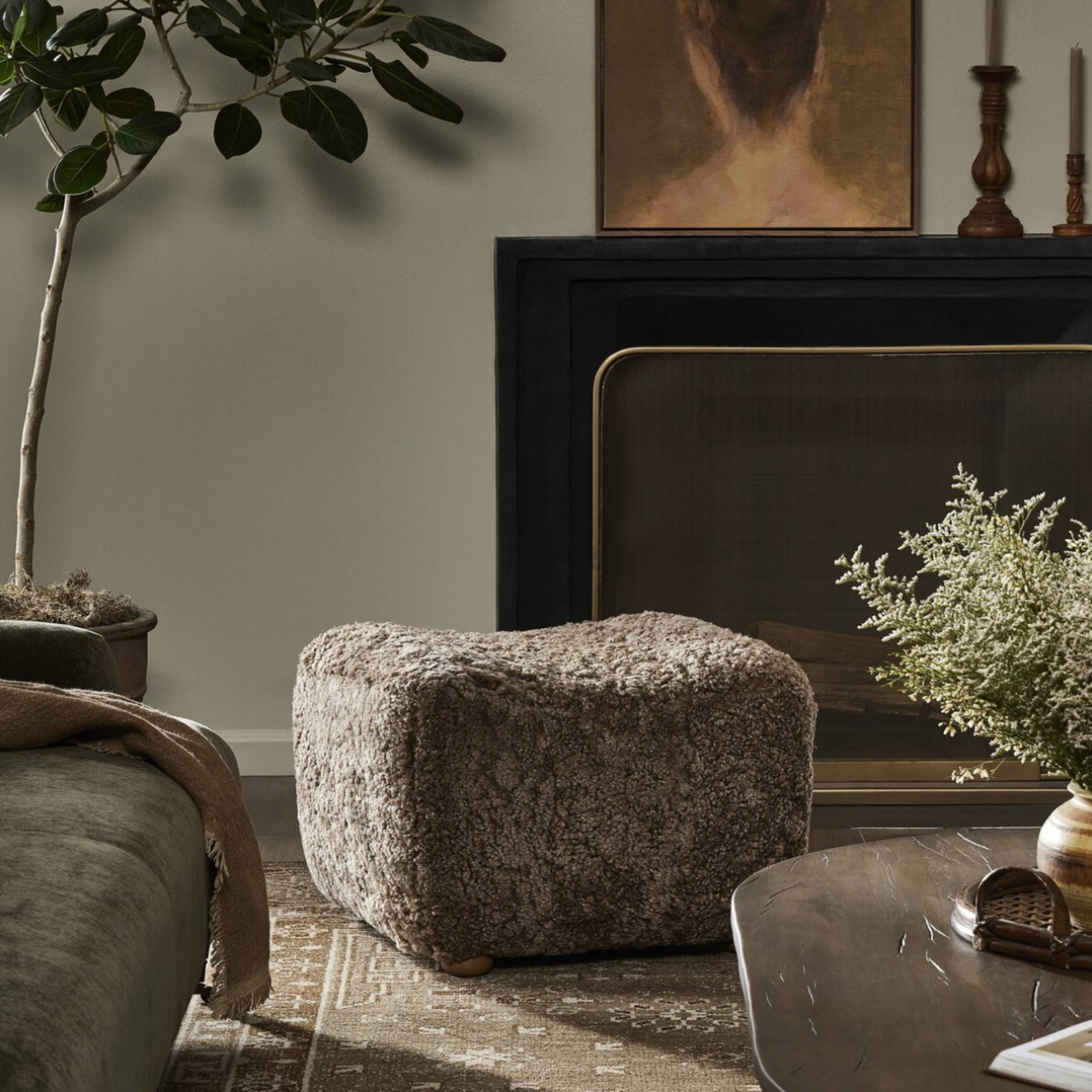 Outside The Box 28x26x19 Oslo Taupe Shearling Boucle & Solid Oak Ottoman