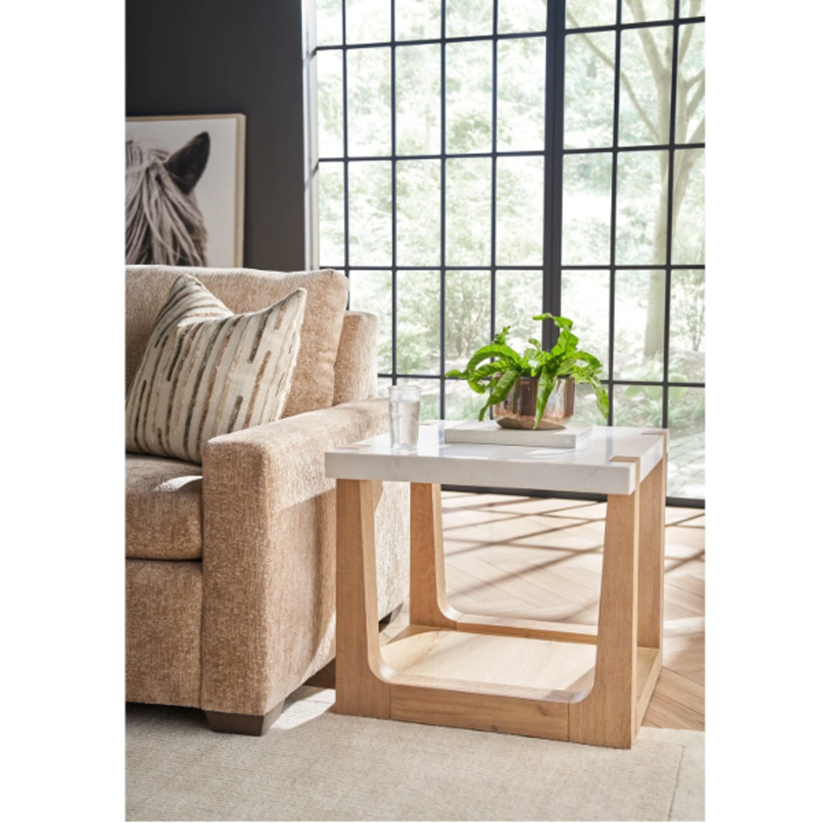 Outside The Box 28x24x22 Ellis Honed White Quartz & Oak Wood Side Table