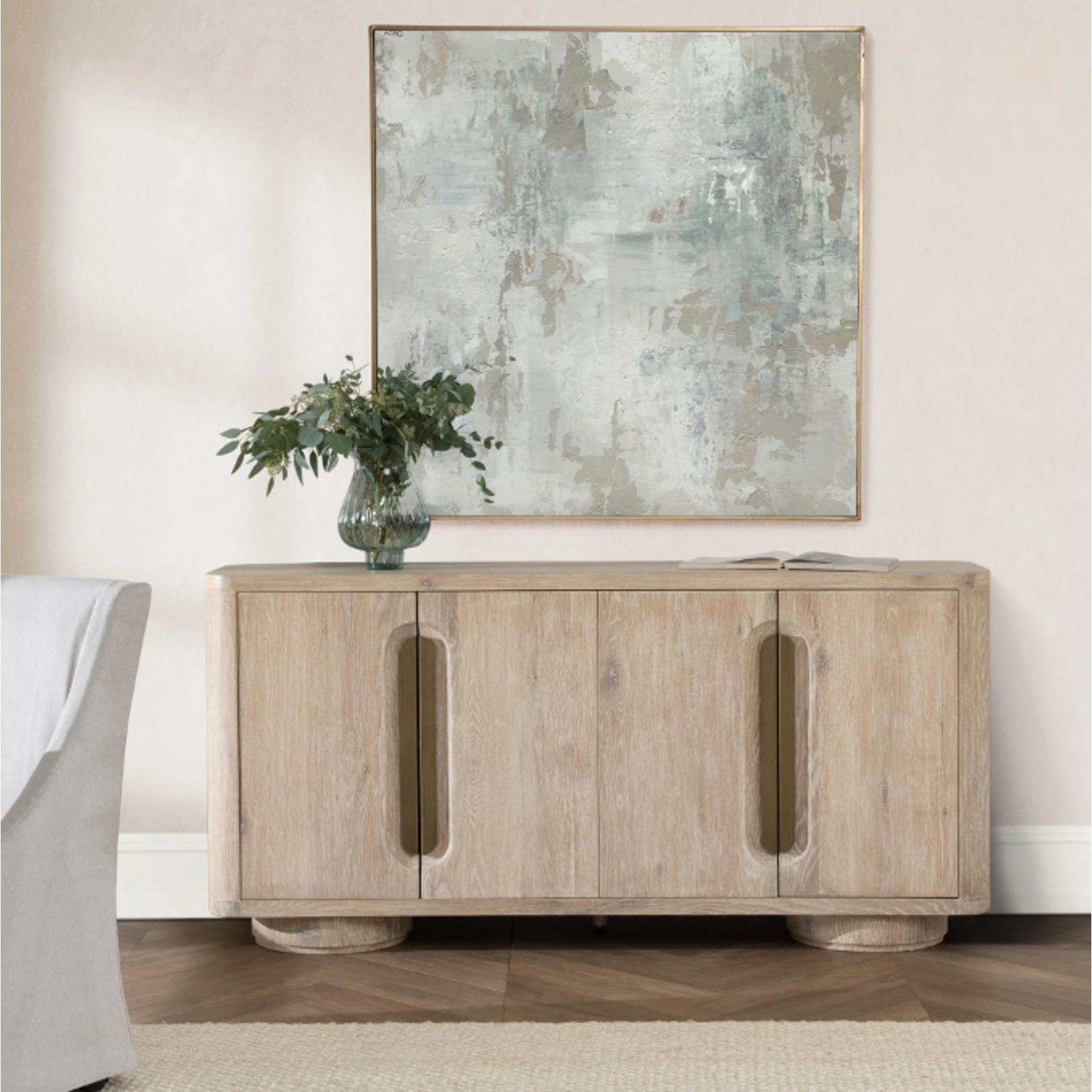 Outside The Box 74x18x36 Arbor Solid Oak White Washed Wood 4 Door Buffet / Server