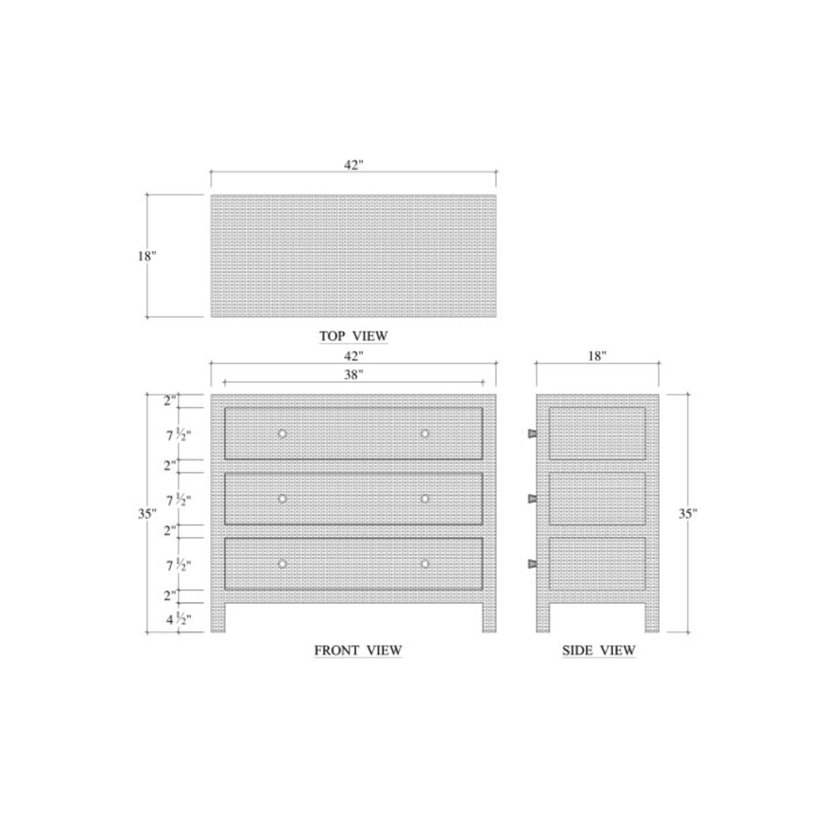 Outside The Box 42x18x35 Kagu Mahogany 3 Drawer Dresser Wrapped In White Rattan - RT01