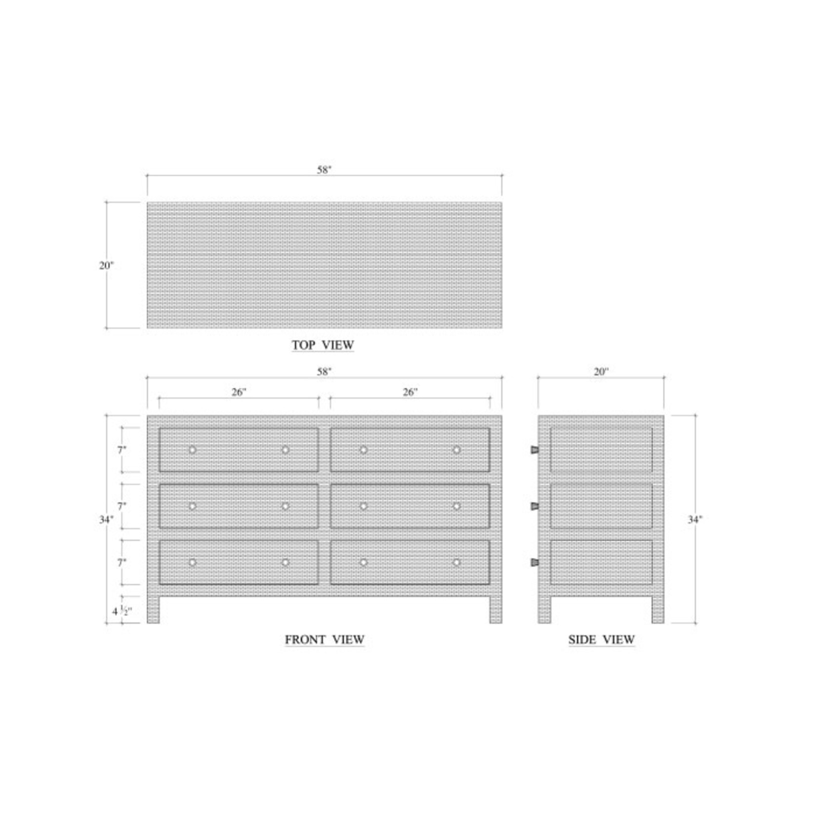 Outside The Box 58x20x34 Kagu Mahogany 6 Drawer Dresser Wrapped In White Rattan - RT01