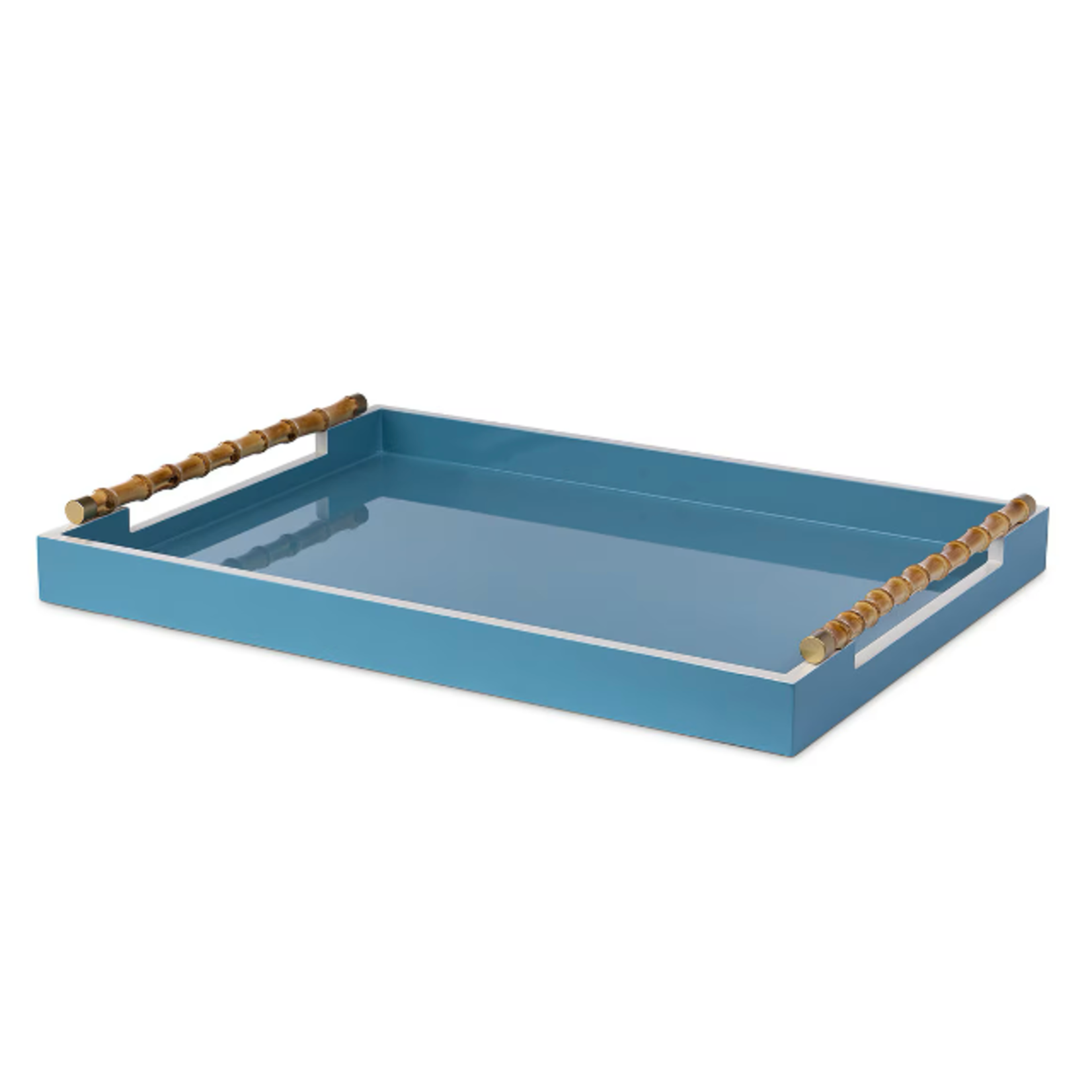 Outside The Box 24x18x2 Hampton Shore Lacquered Tray With Bamboo Handles In Mineral Blue
