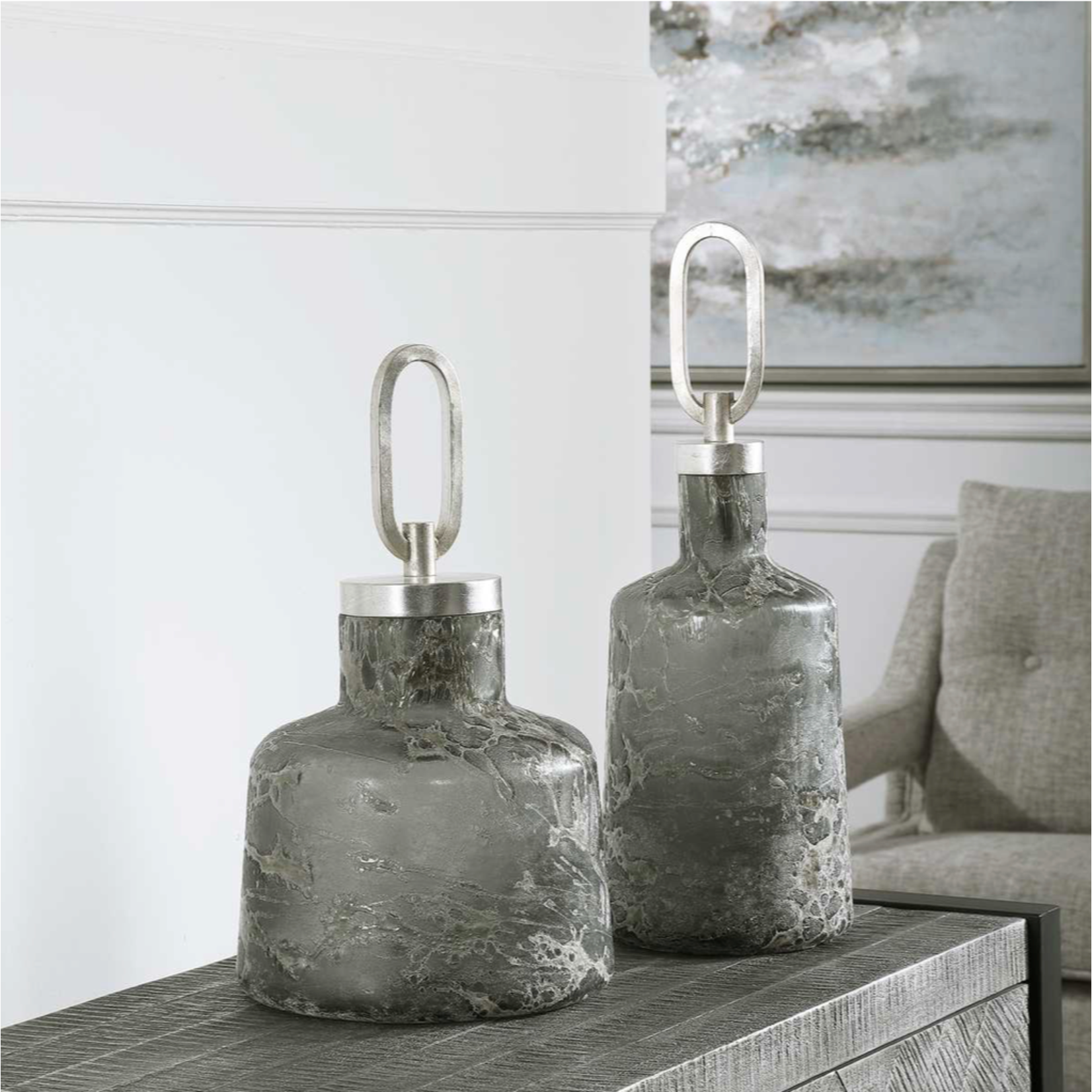 Outside The Box 15" Storm Charcoal / Taupe / Silver Art Glass Bottle