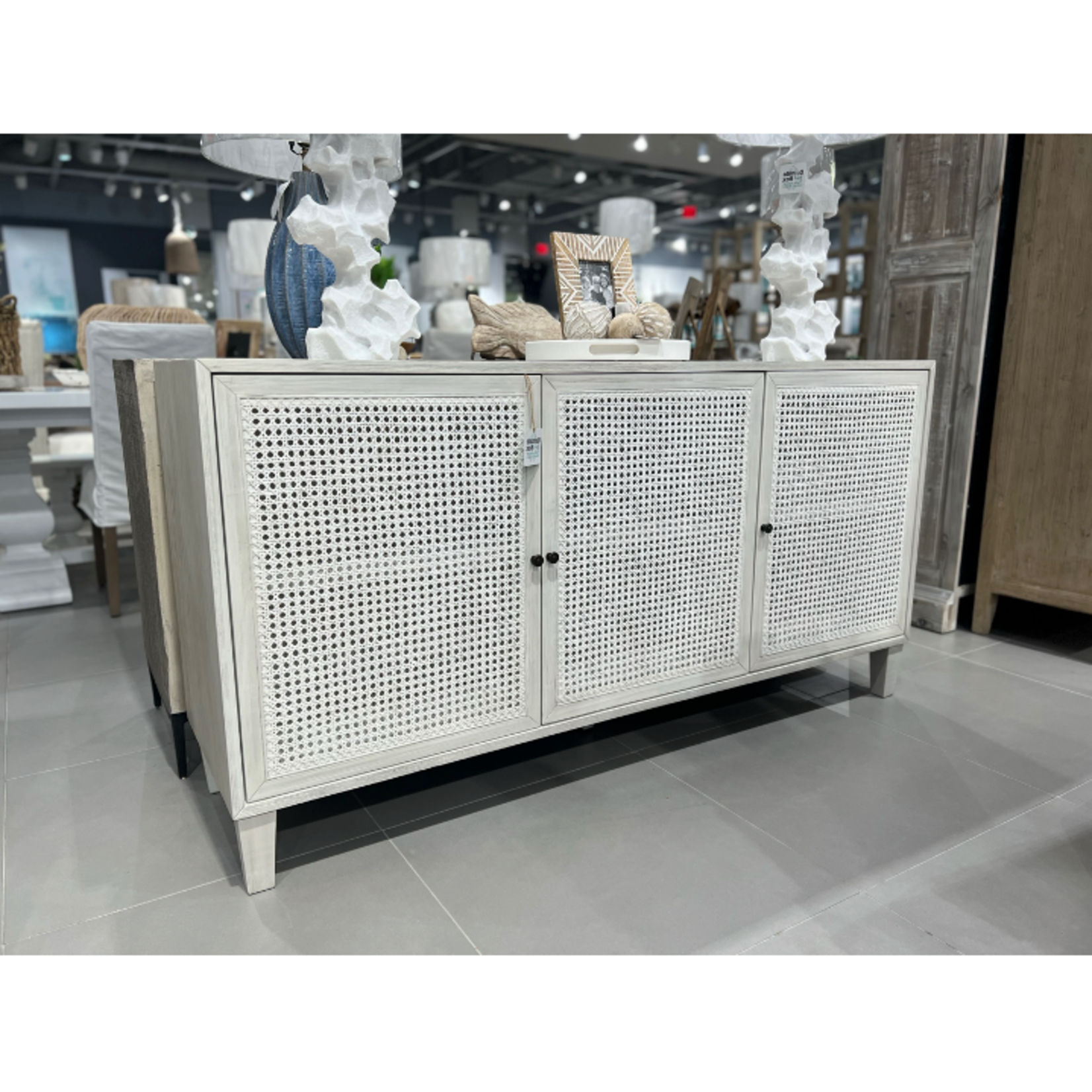 Outside The Box 66x18x34 Lugano Acacia Wood & Rattan White Wash Sideboard