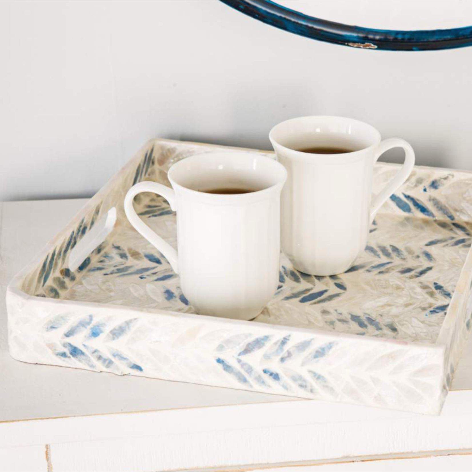 Outside The Box 16", 14" & 13" Set Of 3 White & Blue Mother Of Pearl Checkerboard Serving Trays