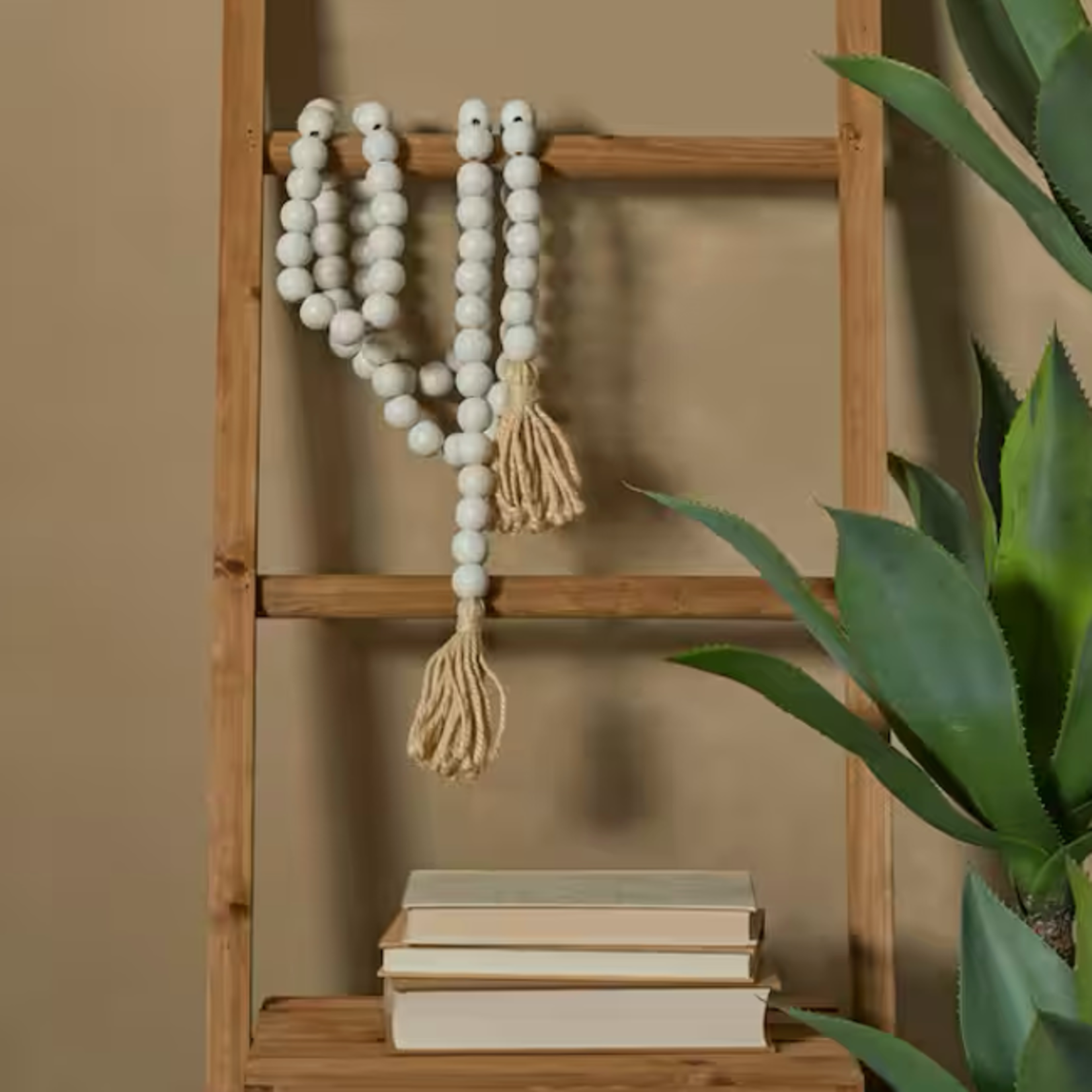 Outside The Box 80" White Mango Wood Bead Garland With Tassel
