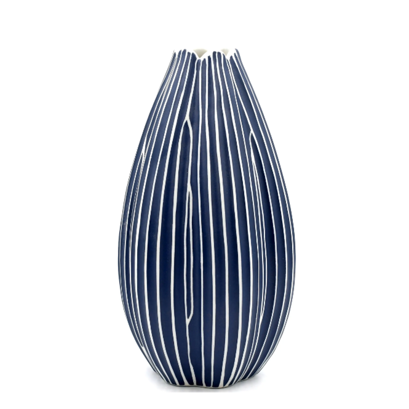 Outside The Box 9" Champa Blue With White Lines Handcrafted Porcelain Vase