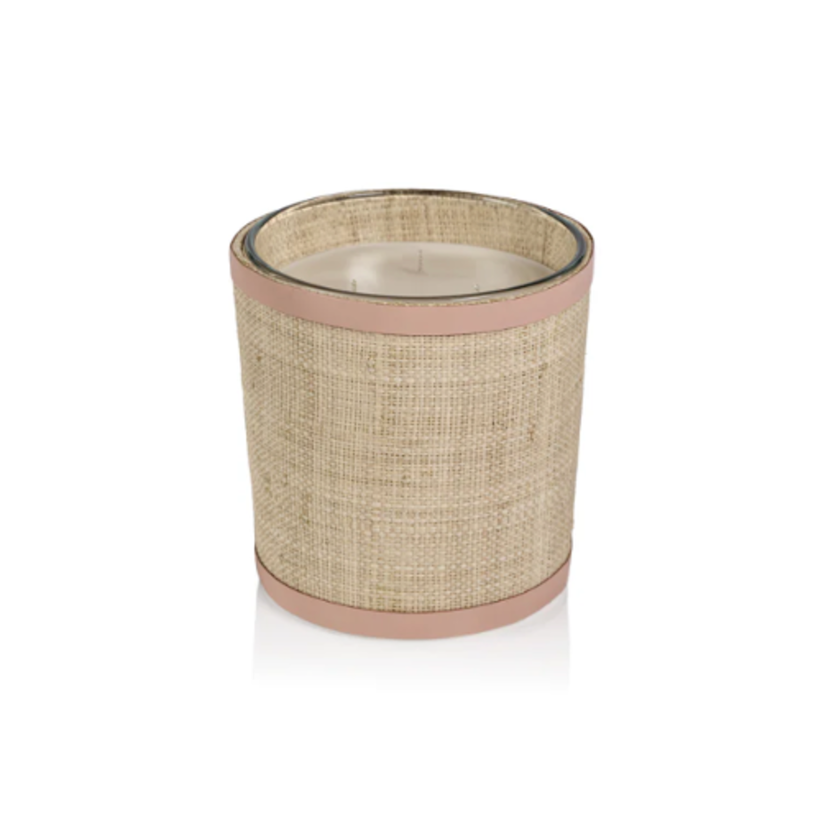 Outside The Box 5" Lemon Peel, Lavender & Tarragon Scent Candle In Natural Raffia With Pink Leather Trim Basket
