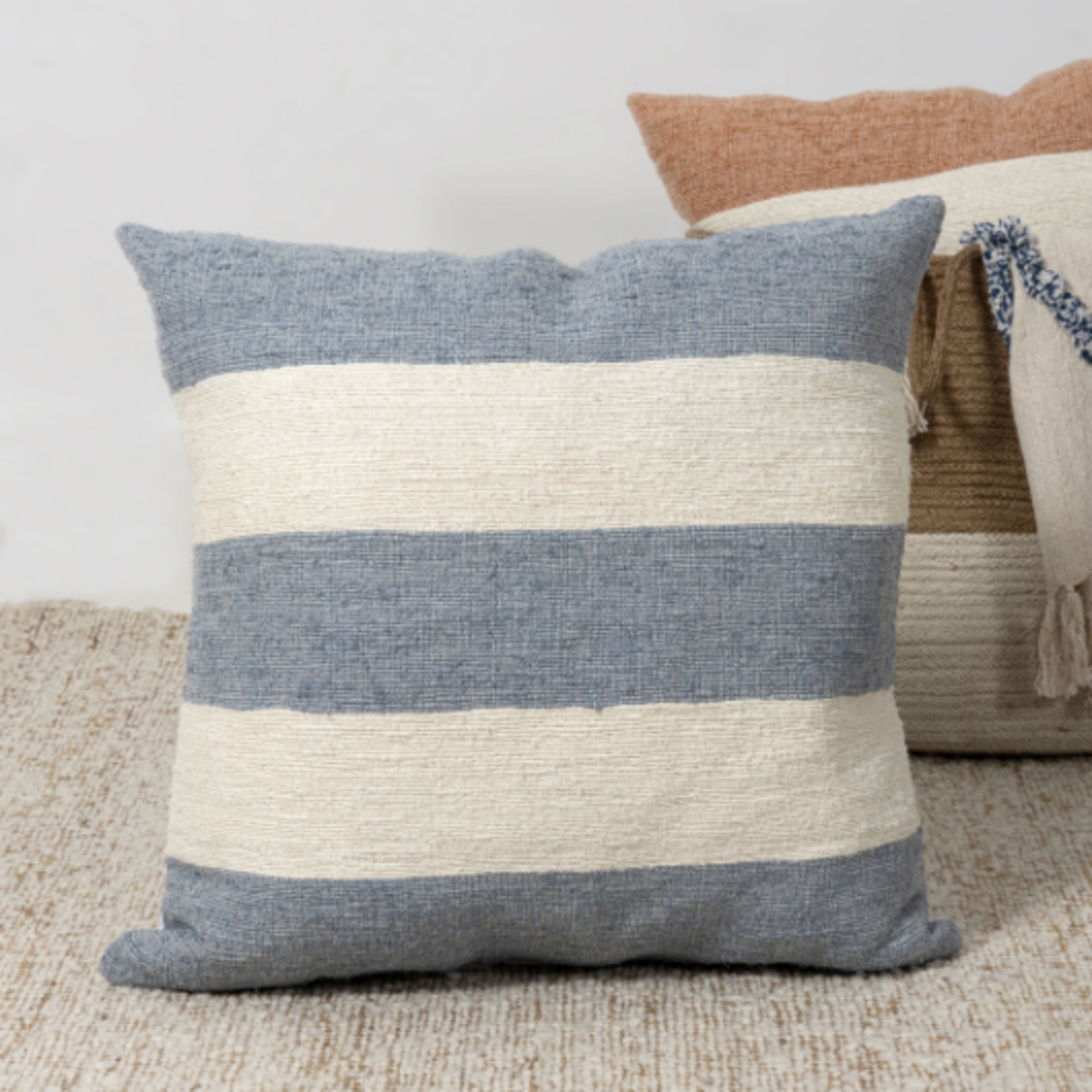 Outside The Box 24x24 Blue & Ivory Striped  Hand Woven Linen Blend Feather Down  Pillow