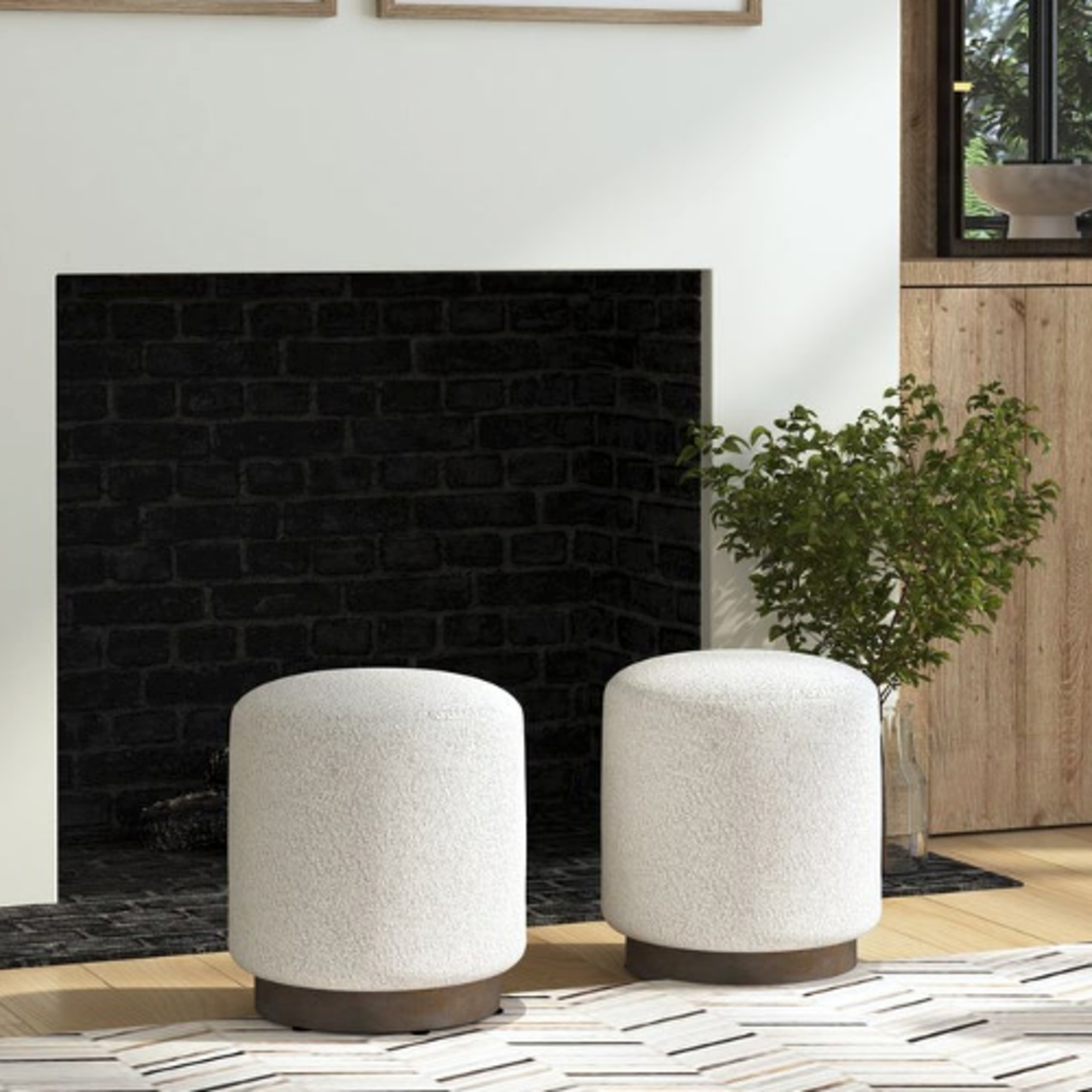 Outside The Box 16x18 Avila Ivory / Gray Boucle Shearling With Oak Base Ottoman