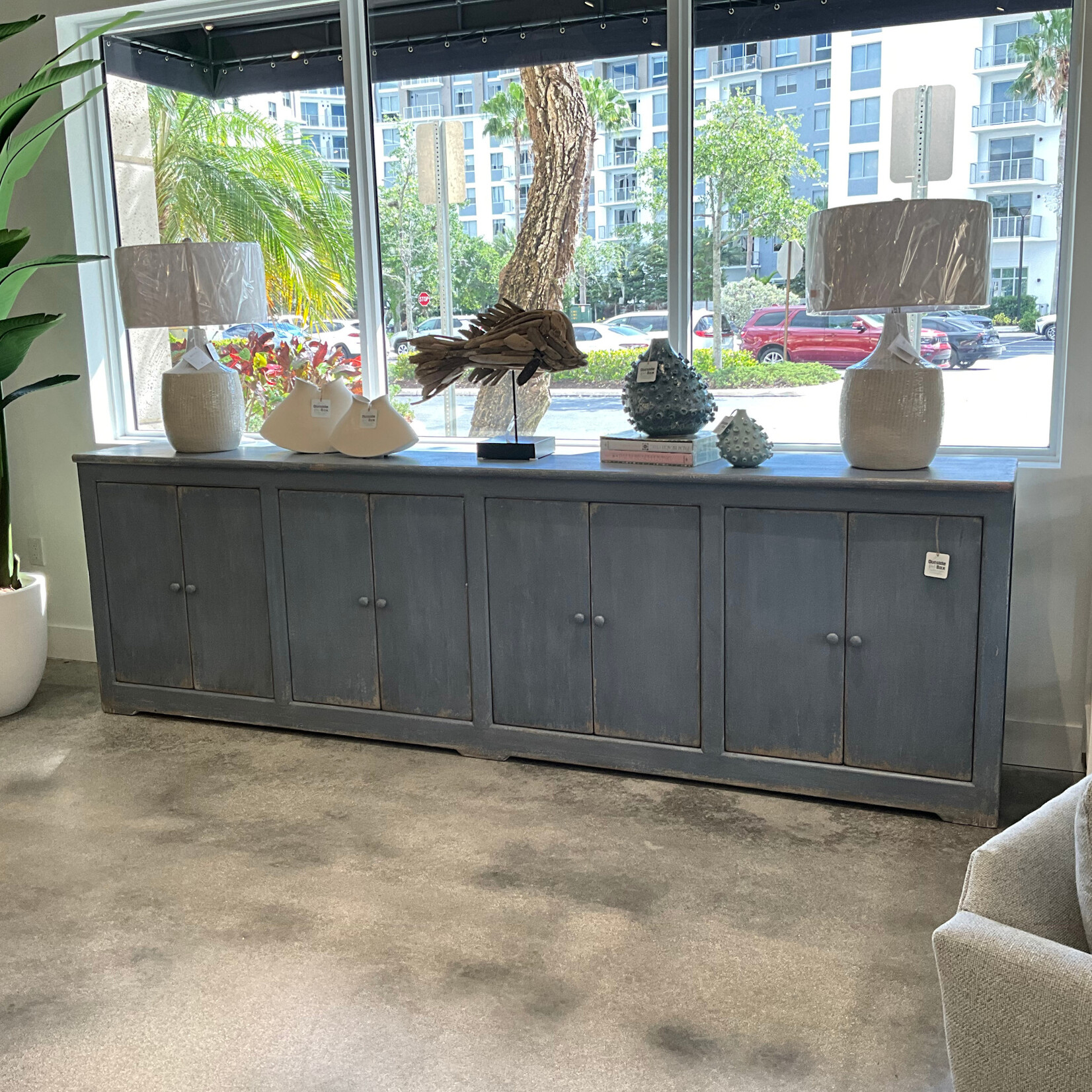 Outside The Box 122x19x38 Weathered Coastal Solid Reclaimed Pine 8 Door Sideboard In Blue