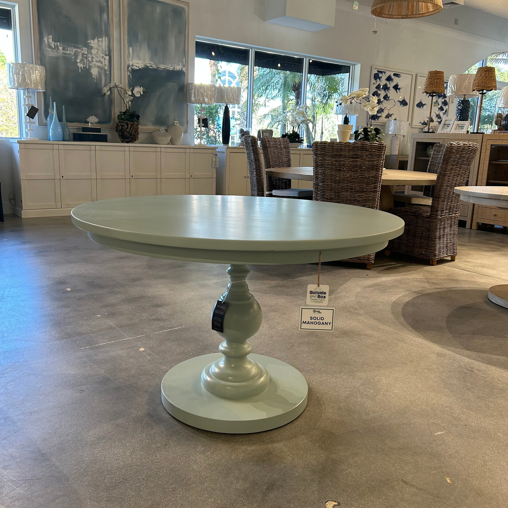 Outside The Box 48" Goucho Mahogany Round Trestle Dining Table In Duck Egg Blue DEB