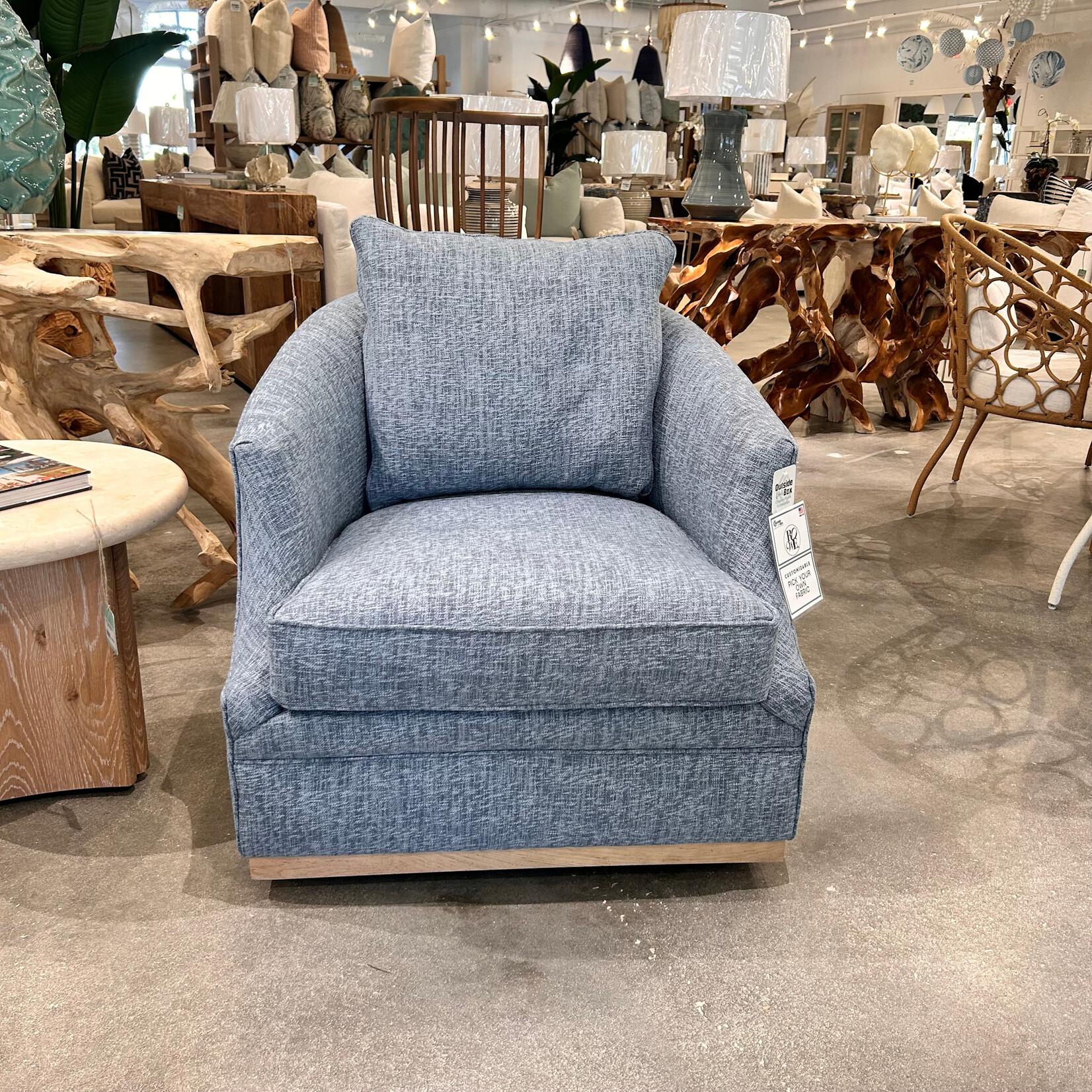 Outside The Box Emmerson Bone Blue Kid Proof Performance Upholstered Swivel Chair BU104-02 (AA)