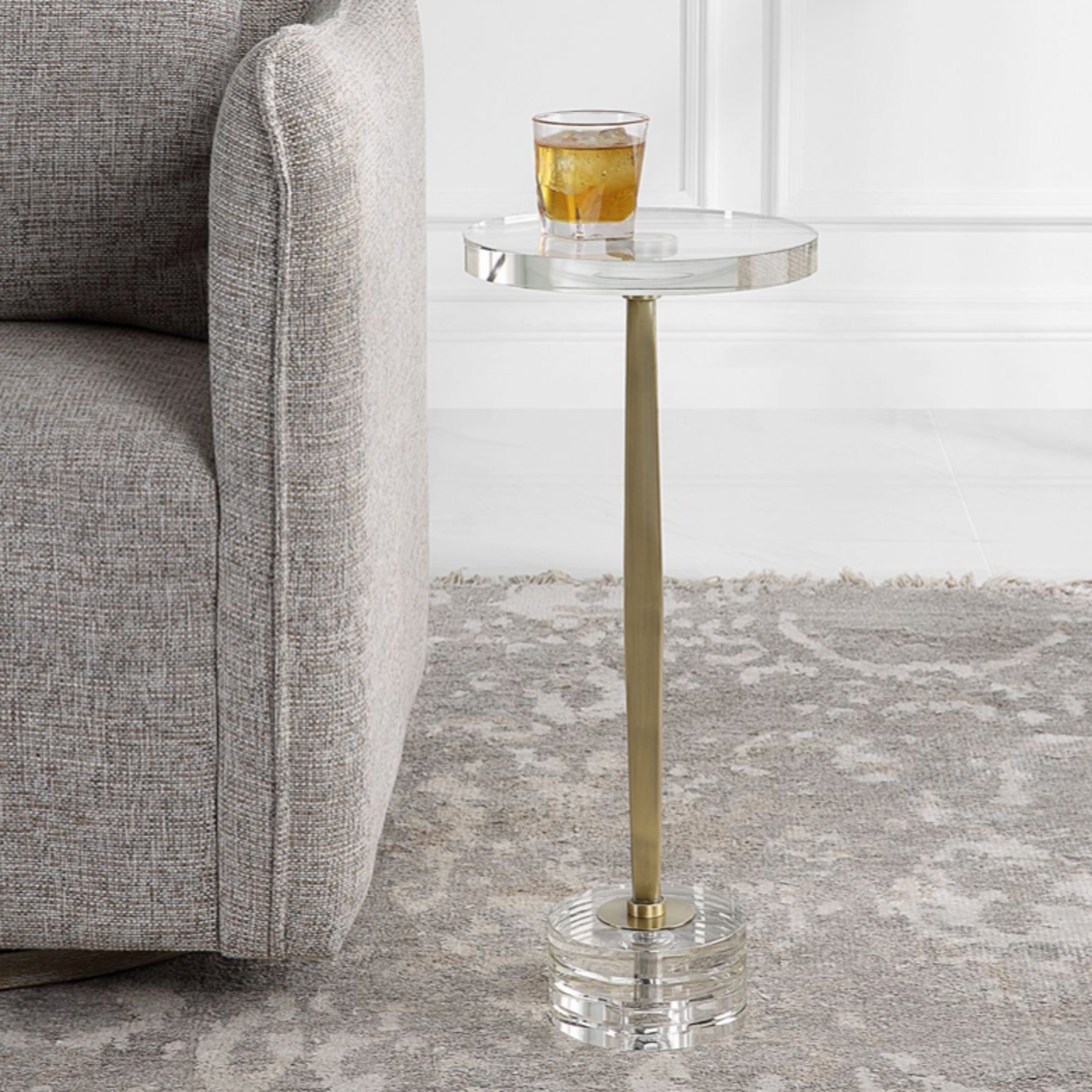 Outside The Box 24x10 Groove Crystal Top & Base With Iron Brushed Gold Stem Drink Side Table