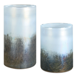 Outside The Box 10" & 7" Set Of 2 Midnight Mist Blue & Silver Metallic Hue Glass Vase
