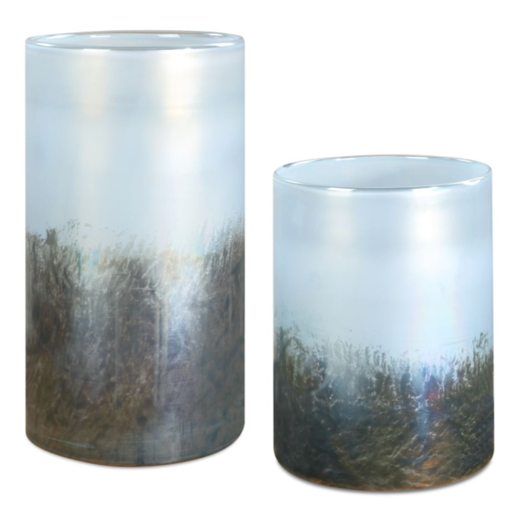 Outside The Box 10" & 7" Set Of 2 Midnight Mist Blue & Silver Metallic Hue Glass Vase