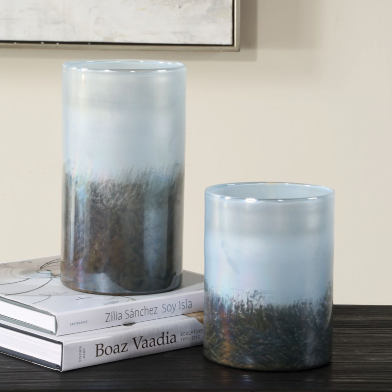 Outside The Box 10" & 7" Set Of 2 Midnight Mist Blue & Silver Metallic Hue Glass Vase