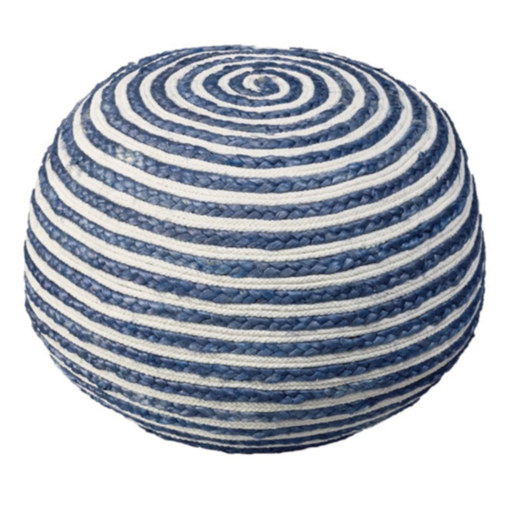 Outside The Box 20x14 Blue & White Stripe Hand Made Cotton / Jute Blend Round Pouf