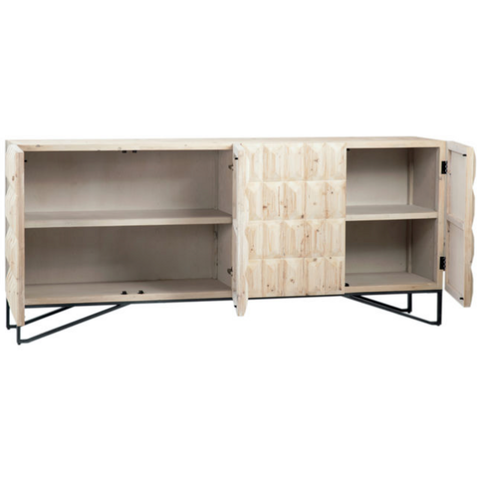 Outside The Box 84x19x37 Montero Reclaimed Pine Wood & Iron Base 4 Door Sideboard In Gray Wash