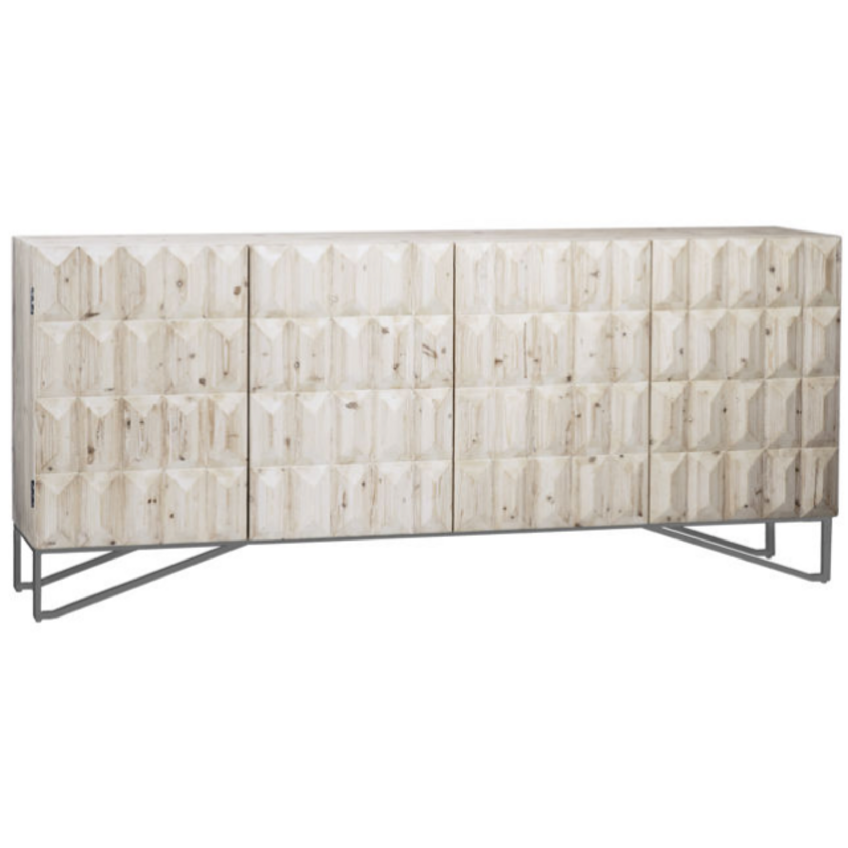 Outside The Box 84x19x37 Montero Reclaimed Pine Wood & Iron Base 4 Door Sideboard In Gray Wash