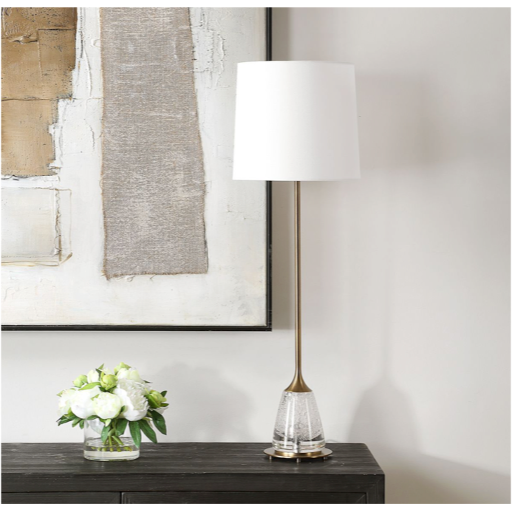 Outside The Box 34" Uttermost Alistair Seeded Glass & Antique Brass Base Table Lamp