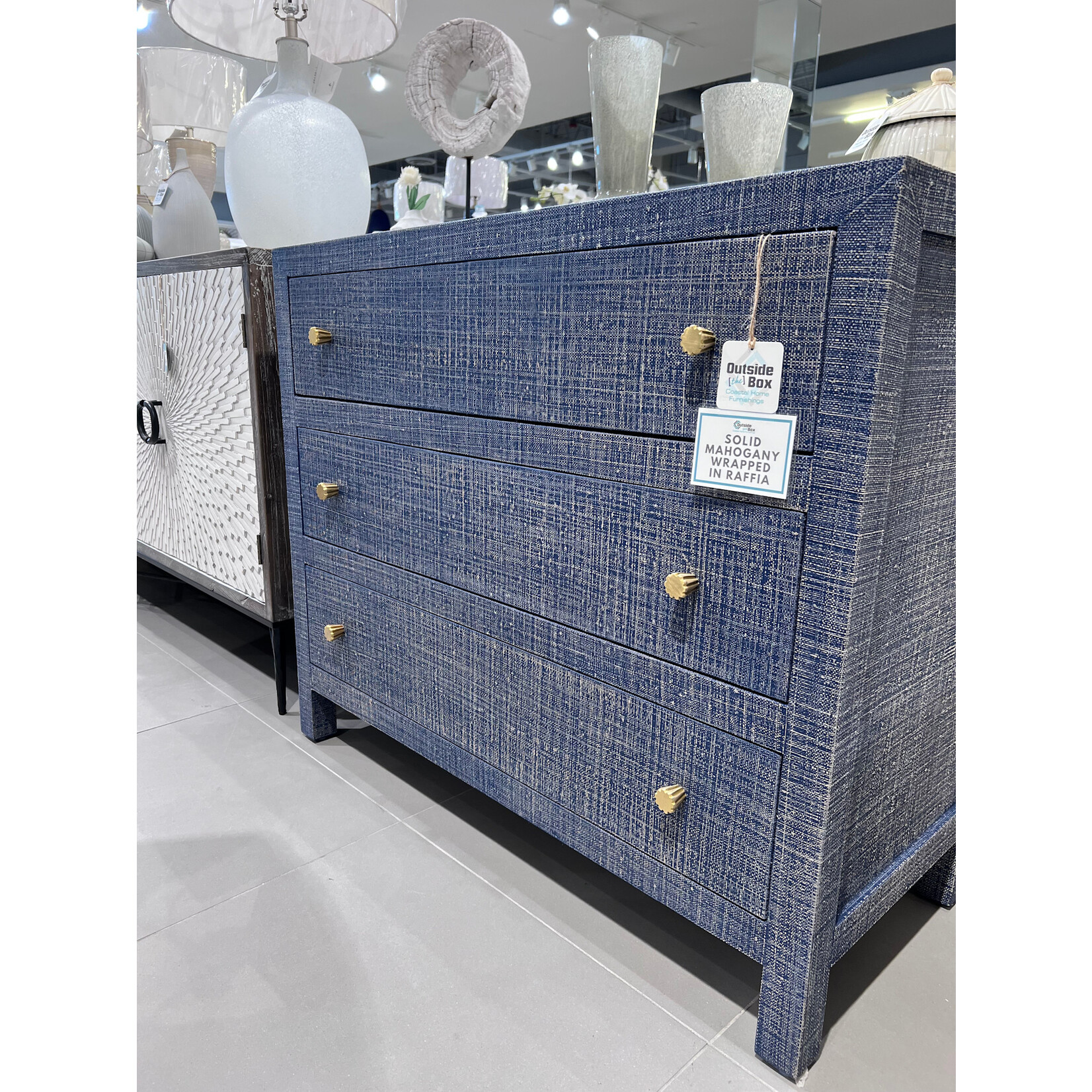 Outside The Box 42x18x35 Kagu Mahogany 3 Drawer Dresser Raffia Deep Blue - RFDB
