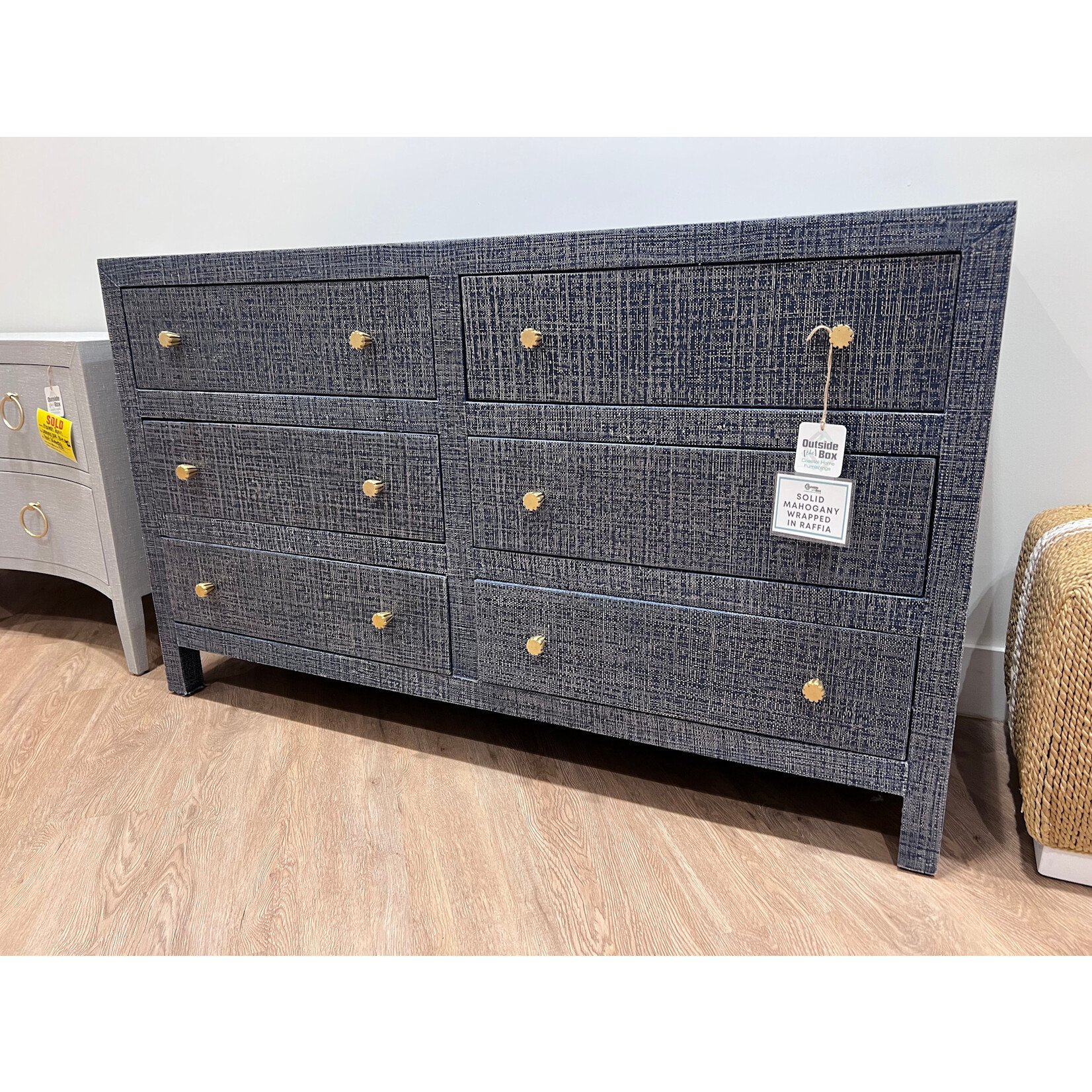 Outside The Box 58x20x34 Kagu Mahogany 6 Drawer Dresser Raffia Deep Blue - RFDB