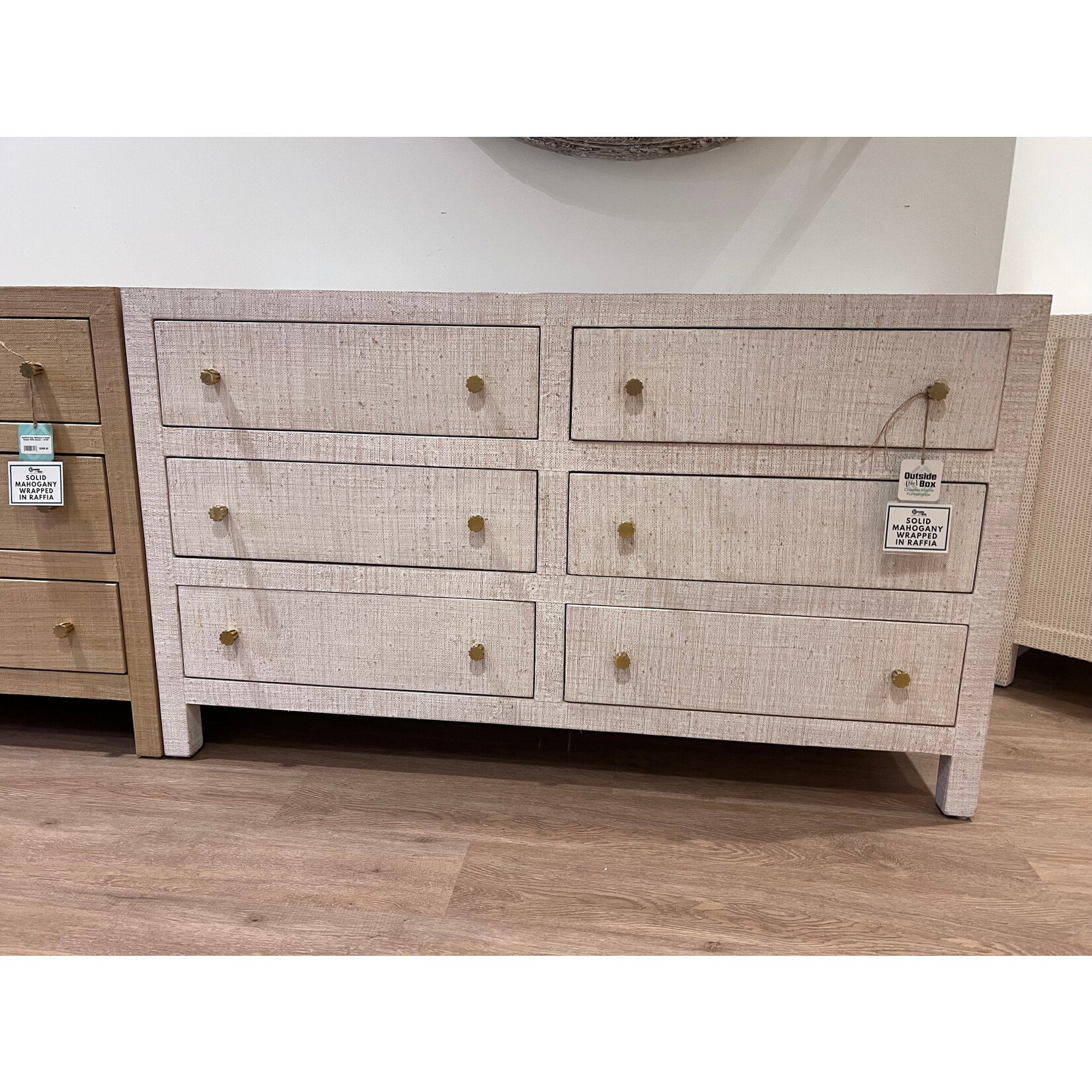 Outside The Box 58x20x34 Kagu Mahogany 6 Drawer Dresser Raffia White Wash - RFWW