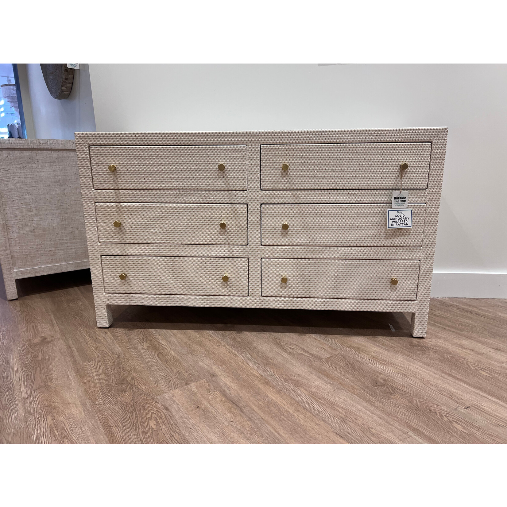 Outside The Box 58x20x34 Kagu Mahogany 6 Drawer Dresser Rattan Wrapped In White Wash - RWWS